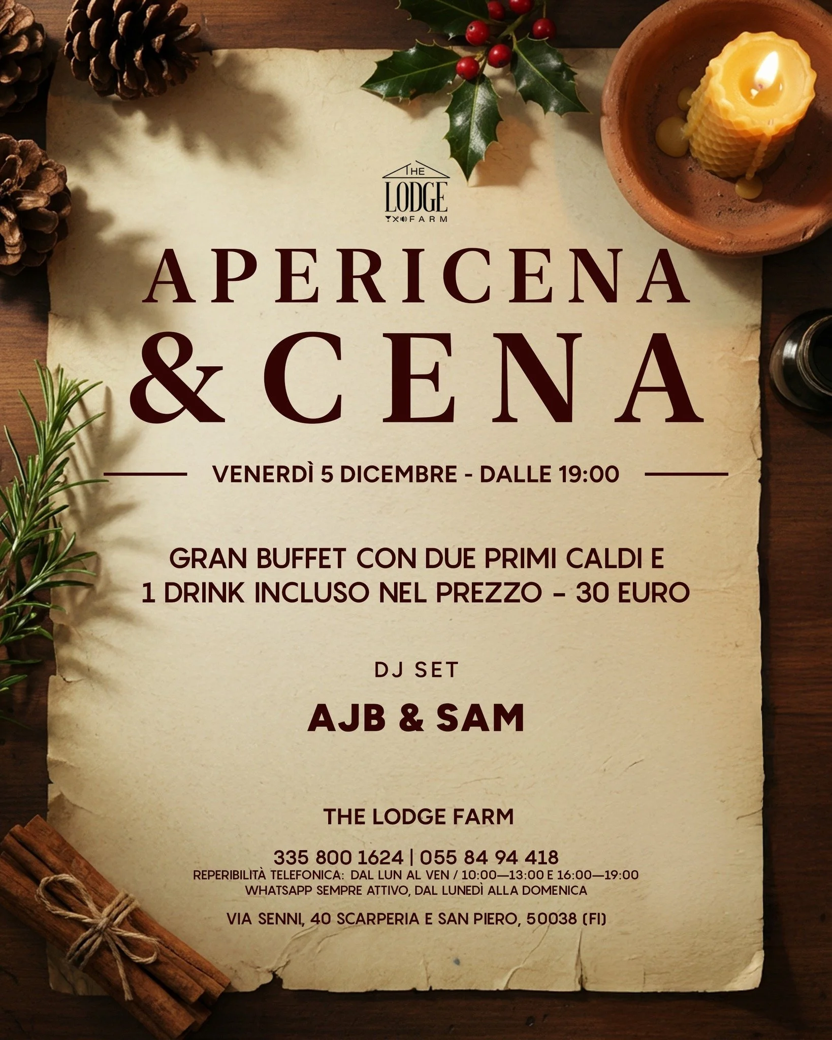 Una serata che unisce atmosfera, buon cibo e musica.

Venerd&igrave; 5 dicembre ti aspettiamo dalle 19:00 per Apericena &amp; Cena al Lodge Farm:
gran buffet, due primi caldi e 1 drink incluso &ndash; 30&euro;.

In console AJB &amp; SAM 

📍 The Lodg