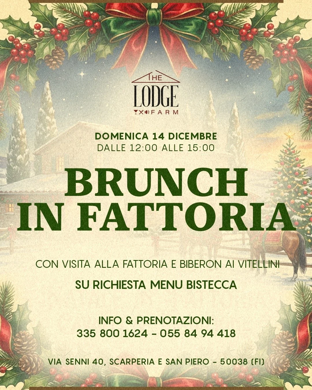 Domenica 14 dicembre ti aspettiamo a The Lodge Farm per un brunch in pieno stile mugellano, immerso nell&rsquo;atmosfera della fattoria.

Dalla visita agli animali al biberon dei vitellini, fino alla possibilit&agrave; di richiedere il nostro menu bi