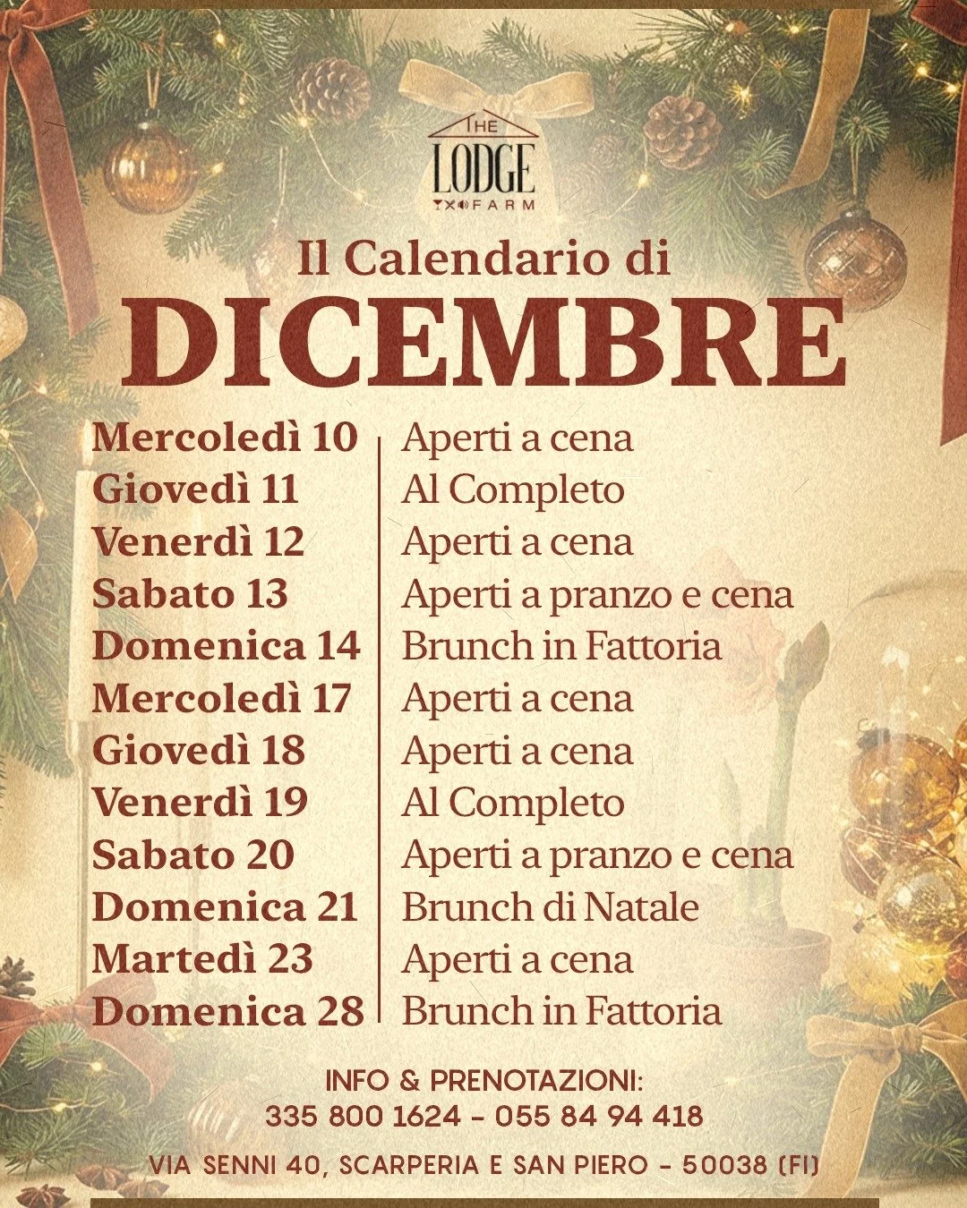 Dicembre &egrave; arrivato e The Lodge Farm entra ufficialmente nella sua stagione pi&ugrave; magica.
Tra cene speciali, brunch in fattoria e momenti gi&agrave; sold out, il mese &egrave; pieno di appuntamenti da vivere in Mugello, immersi nell&rsquo