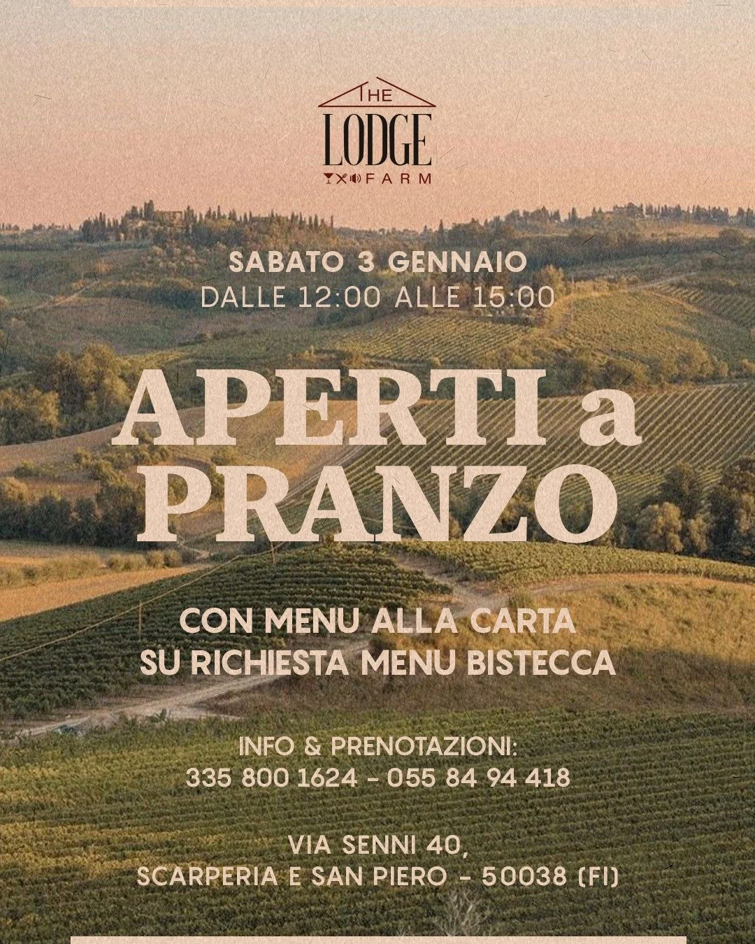 🌿 Aperti a Pranzo 🌿

Sabato 3 gennaio, dalle 12:00 alle 15:00, ti aspettiamo a The Lodge Farm per un pranzo immerso nella quiete della campagna.

🍽 Men&ugrave; alla carta
🥩 Su richiesta, men&ugrave; bistecca

Un momento informale, da vivere con c