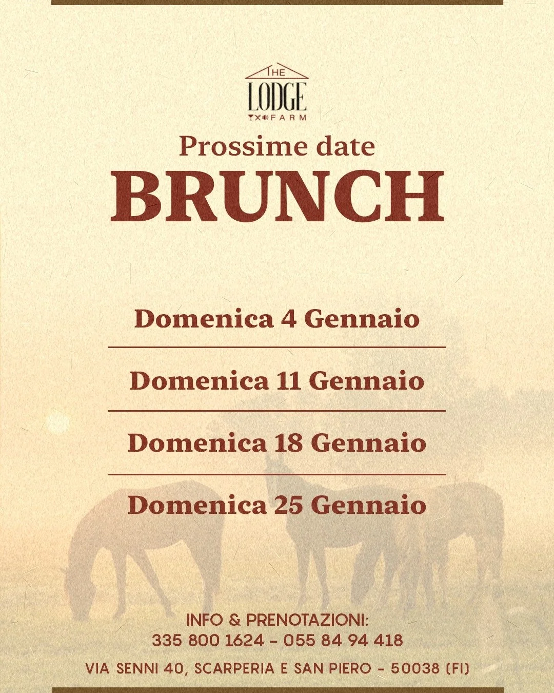 Profuma di campagna, calma e cose buone fatte con cura.

I Brunch di The Lodge Farm tornano da questa domenica!
quattro domeniche per prendersi tempo
e godersi il meglio della tavola, senza fretta.

📅 Domenica 4, 11, 18 e 25 gennaio
☕ Brunch in stil