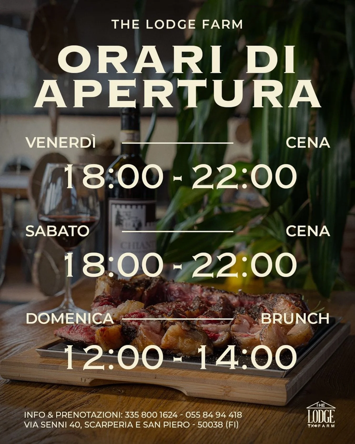 Venerd&igrave; e sabato ti aspettiamo a cena, dalle 18:00 alle 22:00, tra brace accesa, buon vino e atmosfera di fattoria.
La domenica si cambia ritmo: brunch dalle 12:00 alle 14:00, come da tradizione.

Prenotazione consigliata.

📞 Info &amp; preno