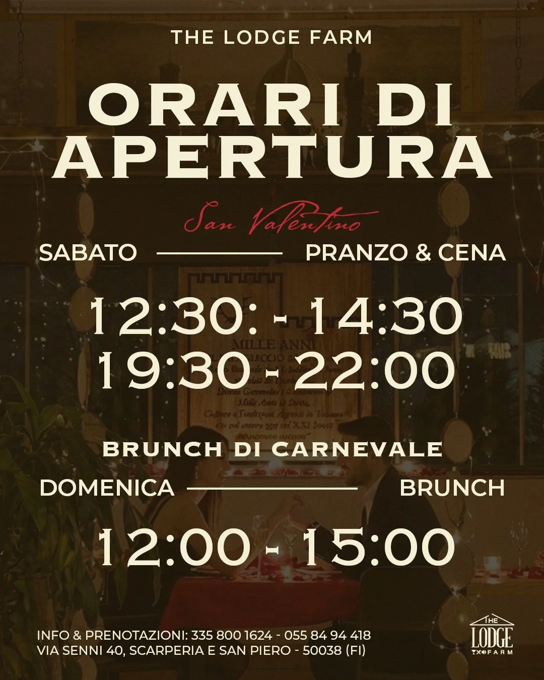 📅 Questo weekend alla The Lodge Farm

Sabato
🍽 Pranzo 12:30 &ndash; 14:30
🌙 Cena 19:30 &ndash; 22:00
❤️ Speciale San Valentino &ndash; pranzo e cena su prenotazione

Domenica
🥂 Brunch 12:00 &ndash; 15:00

Un fine settimana tra cucina, atmosfera e