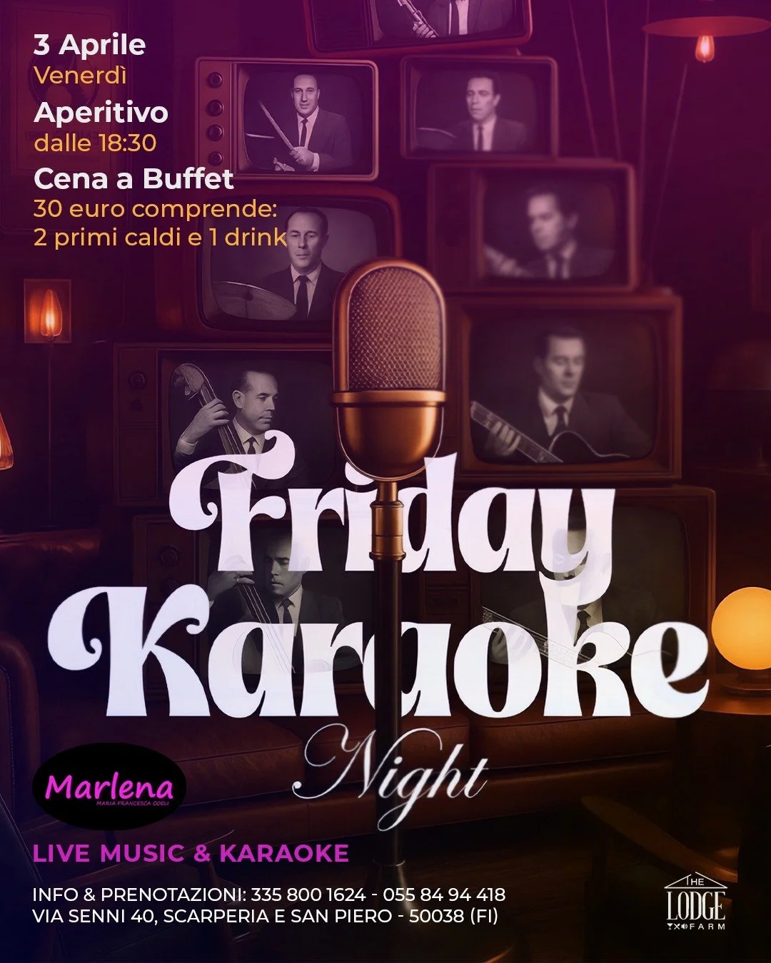 Venerd&igrave; 3 Aprile vi aspettiamo al The Lodge per una serata all'insegna della buona musica, del divertimento e dell'ottimo cibo!

Ecco il programma della serata:
🍹 Dalle 18:30: Iniziamo con l'Aperitivo!
🍝 A seguire: Cena a Buffet a 30&euro; (