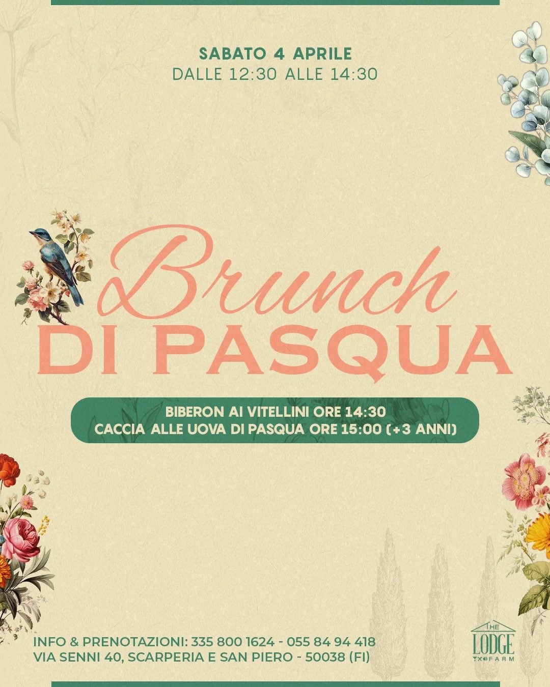 Sabato 4 aprile
dalle 12:30 alle 14:30

Un brunch pensato per stare bene: tavola, natura e atmosfera rilassata.

E dopo pranzo si resta insieme:
&ndash; Biberon ai vitellini ore 14:30
&ndash; Caccia alle uova di Pasqua ore 15:00 (+3 anni)

Perfetto s