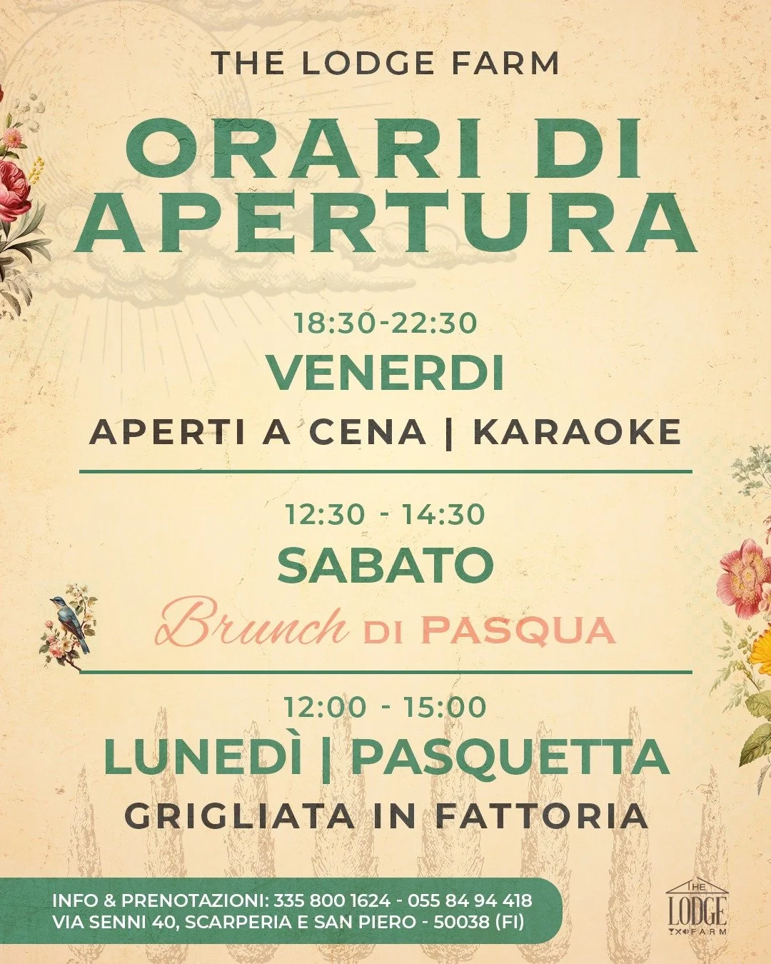 Questa settimana in fattoria ha gi&agrave; un programma preciso.

Venerd&igrave; sera si parte con la cena e karaoke, dalle 18:30 alle 22:30.
Un modo semplice per chiudere la settimana e stare insieme.

Sabato a pranzo brunch di Pasqua, 12:30 &ndash;
