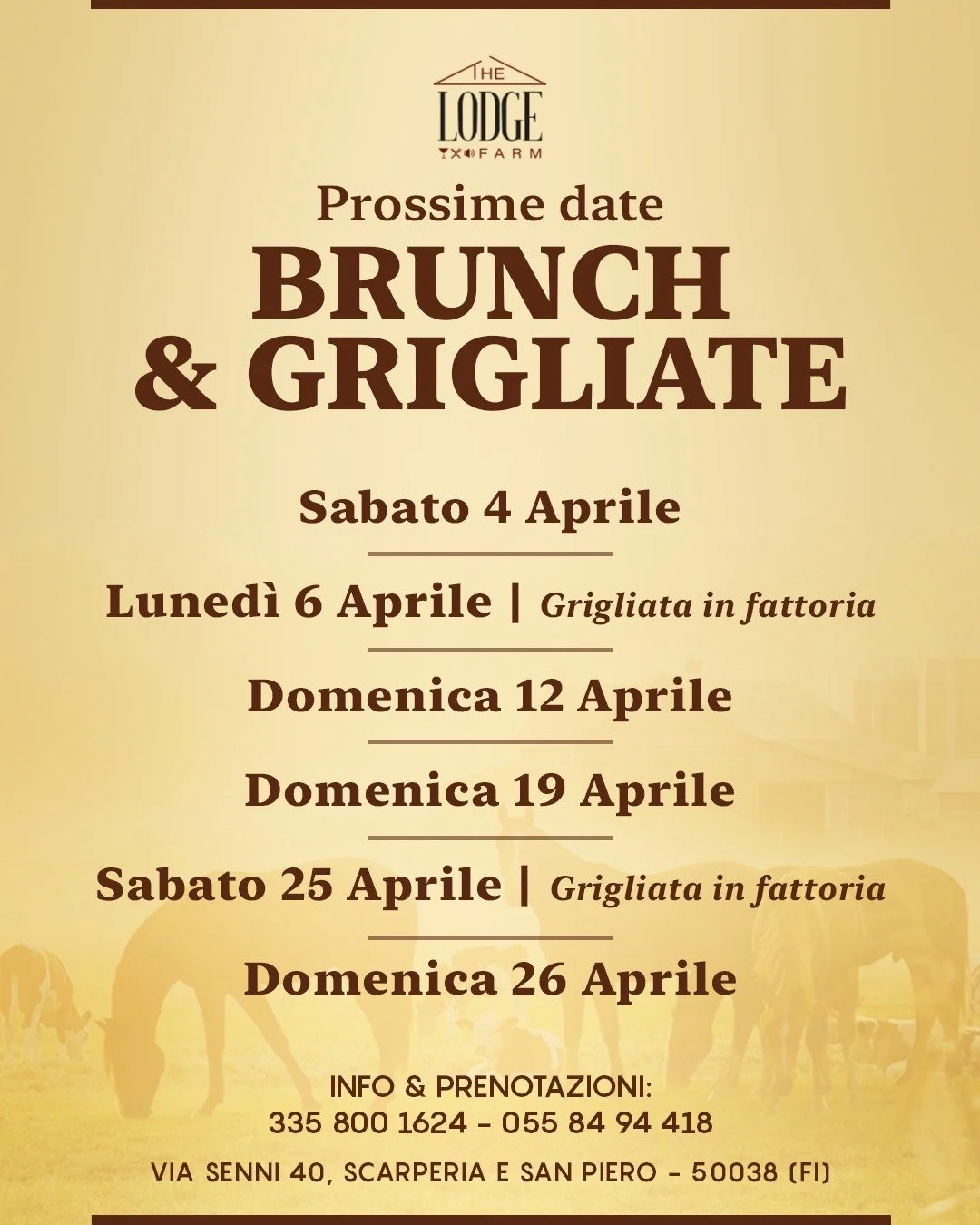 Aprile in fattoria ha il suo ritmo.
Brunch, grigliate, giornate all&rsquo;aperto e tempo per stare insieme senza fretta.
Se stai pensando a quando venire, queste sono le prossime date:

&bull; Sabato 4 aprile
&bull; Luned&igrave; 6 aprile &ndash; Gri