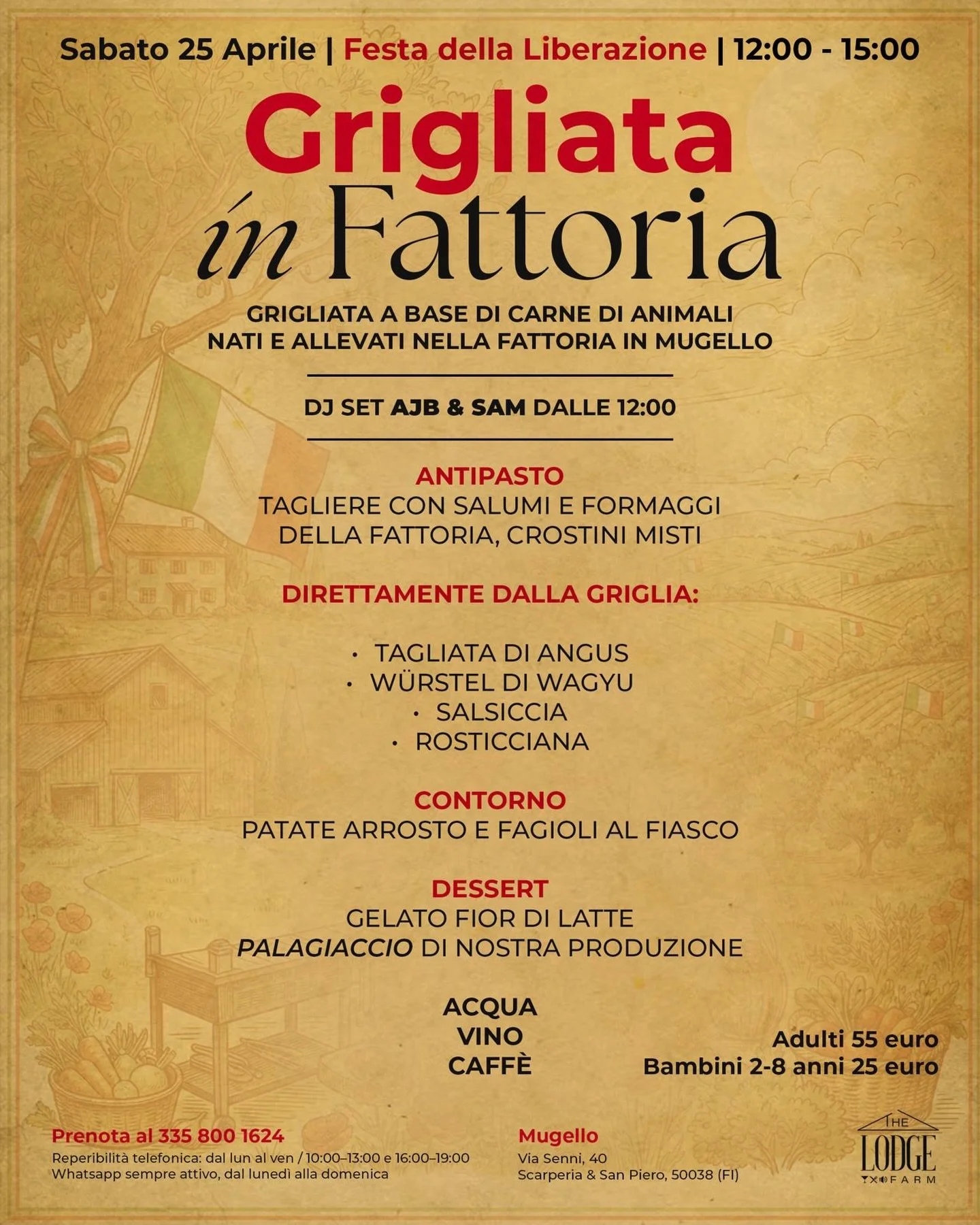 Festeggia il 25 Aprile immerso nella natura del Mugello! 🇮🇹🌿

Ti aspettiamo a The Lodge Farm per una speciale Grigliata in Fattoria in occasione della Festa della Liberazione.

Preparati a gustare carne di altissima qualit&agrave;, nata e allevata