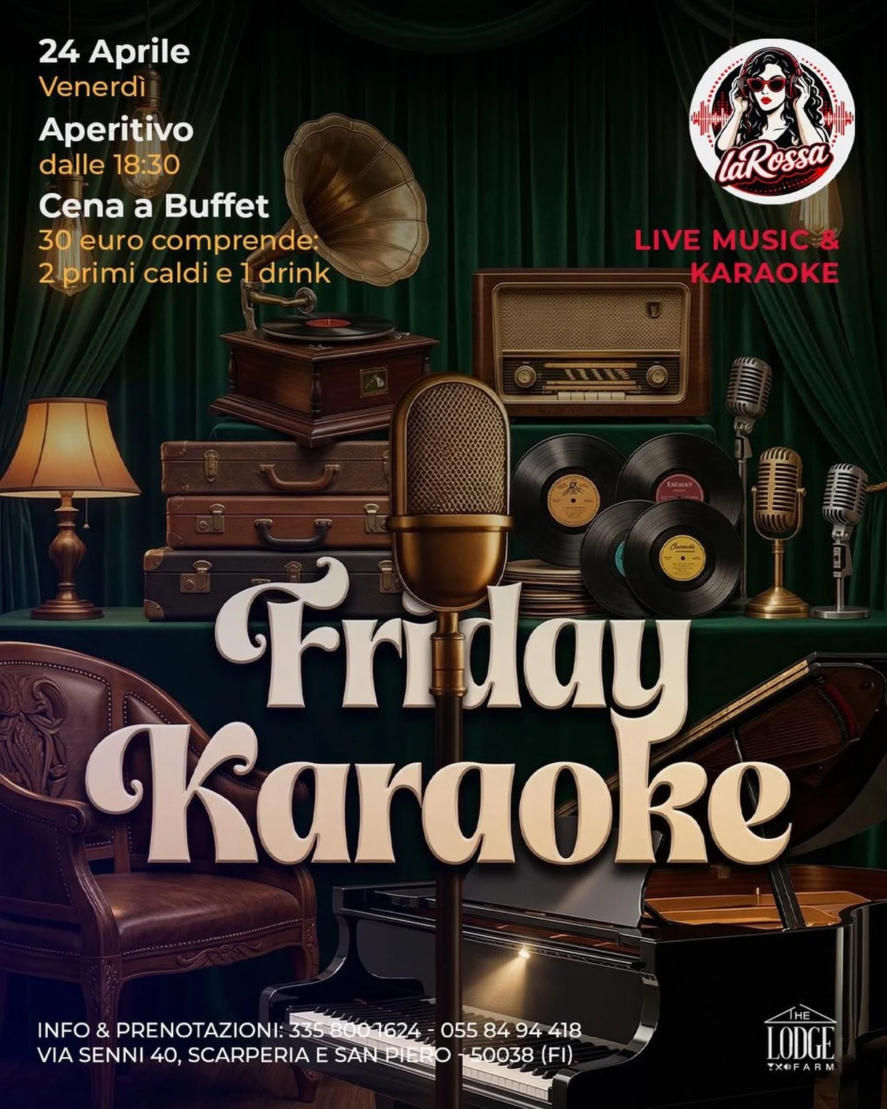 Questo venerd&igrave;, 24 Aprile, diamo il via al weekend con una serata indimenticabile al The Lodge Farm! Vi aspettiamo per il nostro Friday Karaoke &amp; Live Music in compagnia di laRossa. 🎶💿
Ecco il programma della serata:
🥂 Dalle 18:30: Iniz