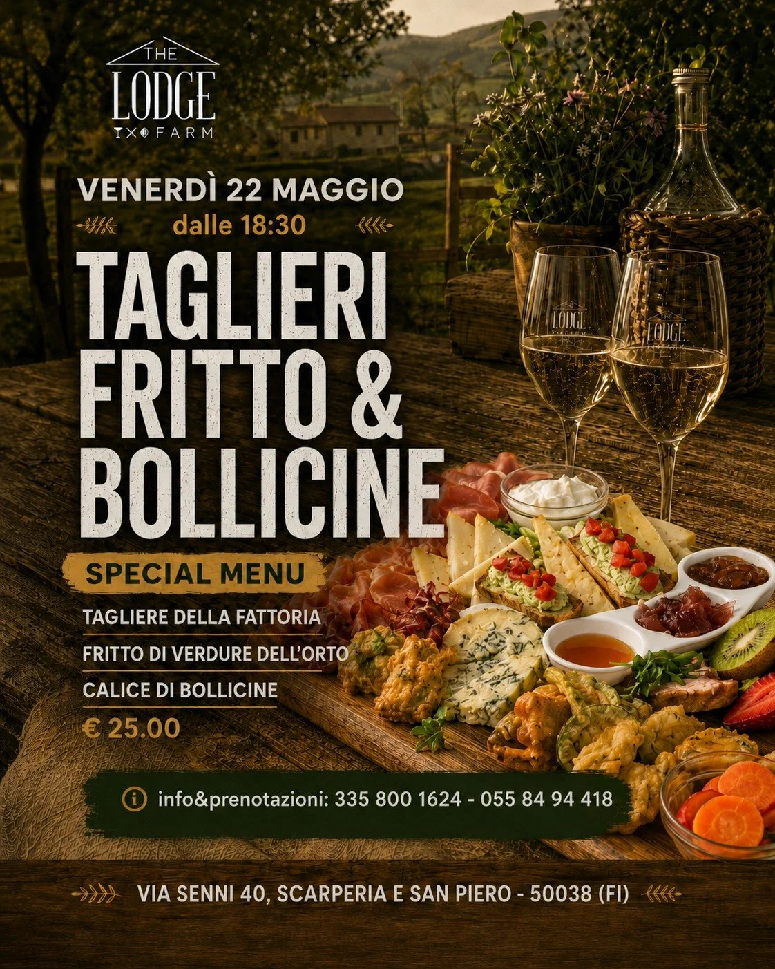 🥕 Venerd&igrave; 22 maggio ci prendiamo il tempo per una serata fatta come piace a noi: buona, semplice, da condividere. 

Al The Lodge Farm vi aspetta il nostro men&ugrave; speciale con tagliere della fattoria, fritto di verdure dell&rsquo;orto e u