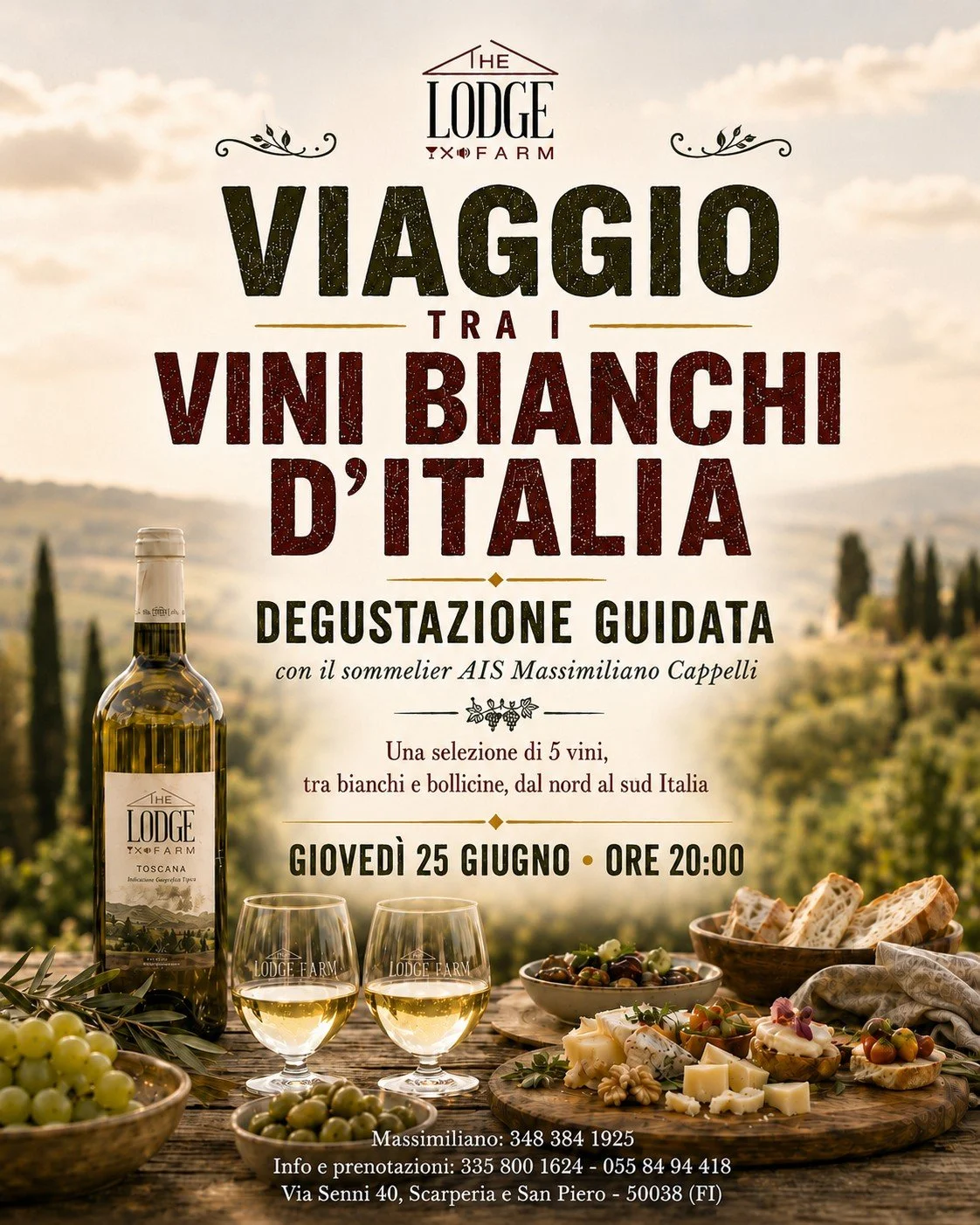Siete pronti per un viaggio tra i vini bianchi d&rsquo;Italia? 🍷✨

📆 Gioved&igrave; 25 giugno, dalle ore 20:00.

Al The Lodge si terr&agrave; una degustazione guidata insieme al sommelier AIS Massimiliano Cappelli, con una selezione di 5 vini tra b