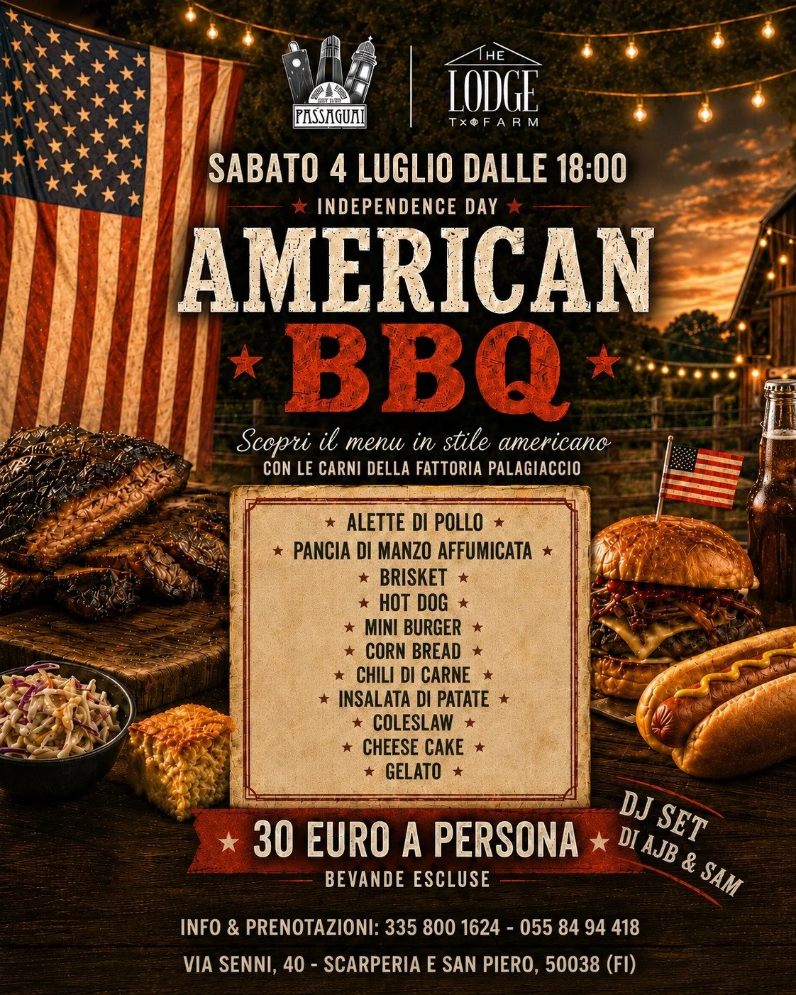 🇺🇸 Sabato 4 luglio al The Lodge Farm portiamo in fattoria un po&rsquo; di atmosfera americana.

Dalle 18:00 accendiamo la griglia per una serata all&rsquo;aperto in stile American BBQ, con le carni della Fattoria Palagiaccio protagoniste e quell&rs