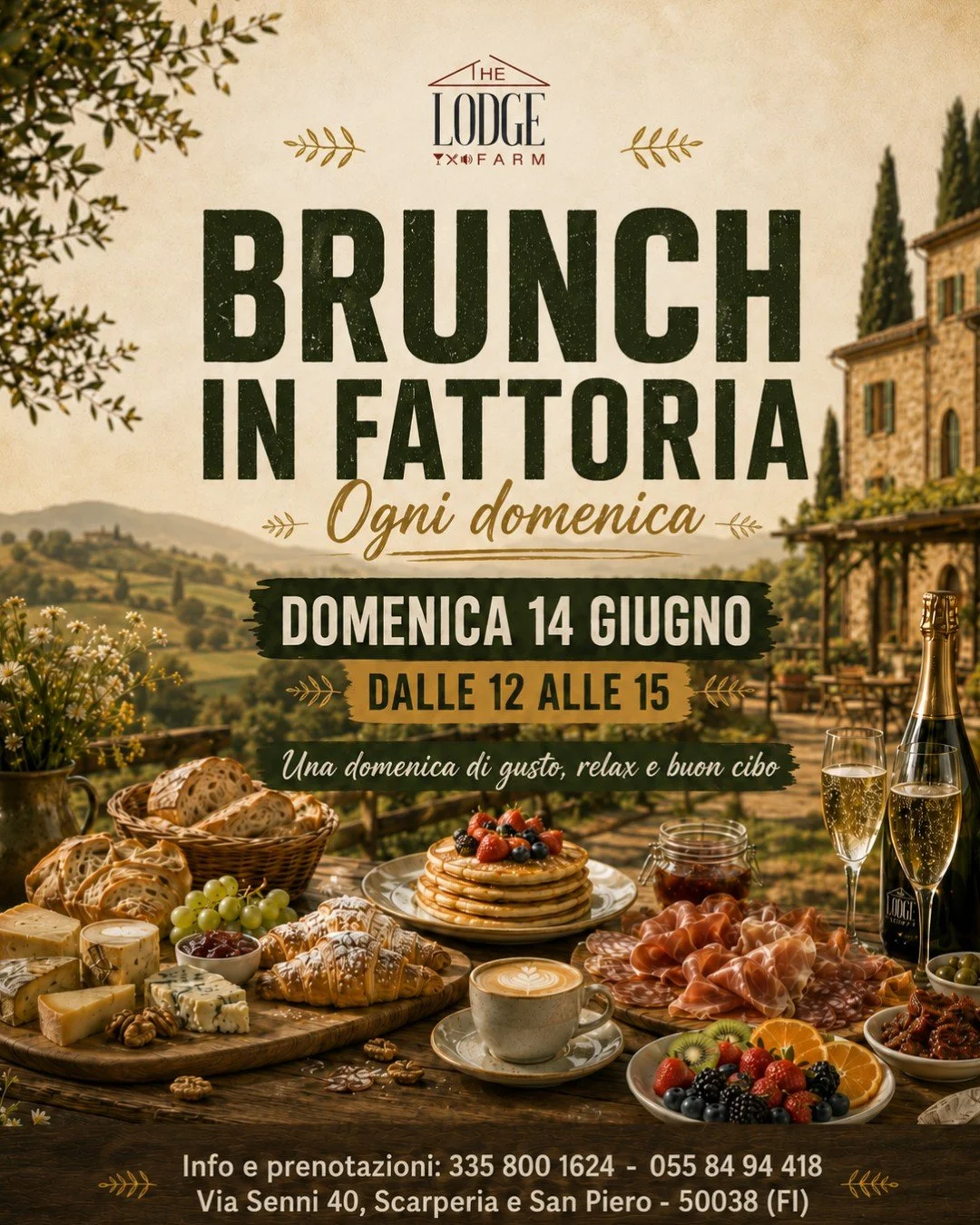 Il tuo Brunch domenicale fallo al The Lodge Farm! 🥞

📆 Domenica 14 giugno
⏰ Dalle 12 alle 15

Vi aspettiamo in fattoria per un pranzo diverso dal solito, da vivere con calma tra proposte dolci e salate, prodotti del territorio e piatti pensati per 