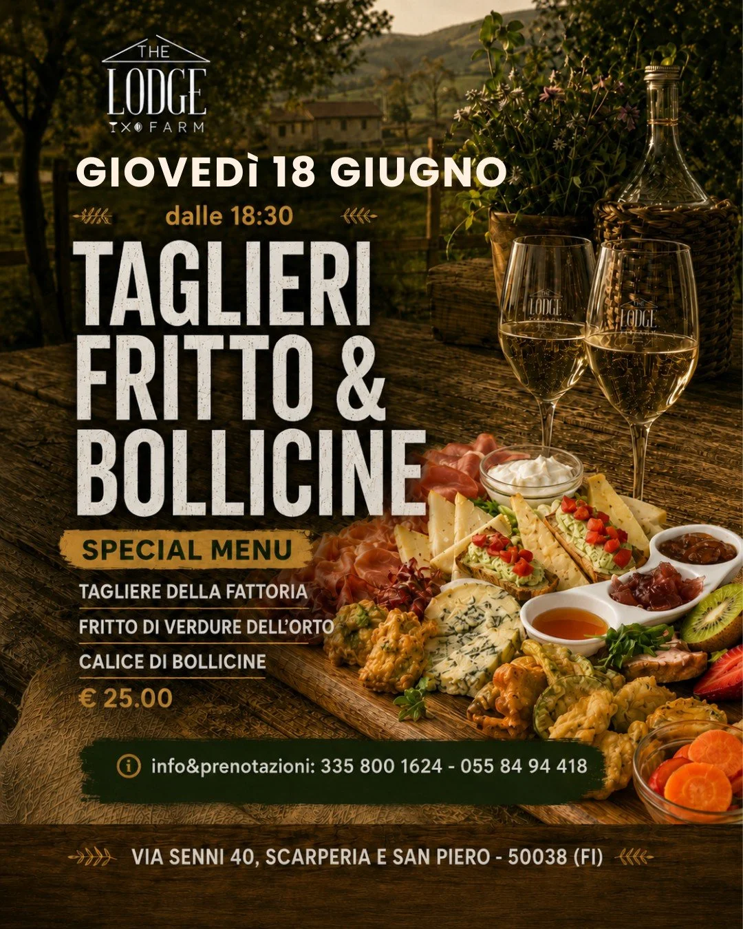 🥕 Gioved&igrave; 18 giugno ci prendiamo il tempo per una serata fatta come piace a noi: buona, semplice, da condividere.

Al The Lodge Farm vi aspetta il nostro men&ugrave; speciale con tagliere della fattoria, fritto di verdure dell&rsquo;orto e un