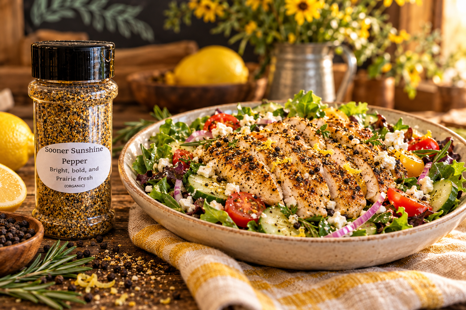 Sooner Sunshine lemon-pepper chicken salad with mixed greens, tomatoes, cucumber, feta, and EVOO’licious seasoning.
