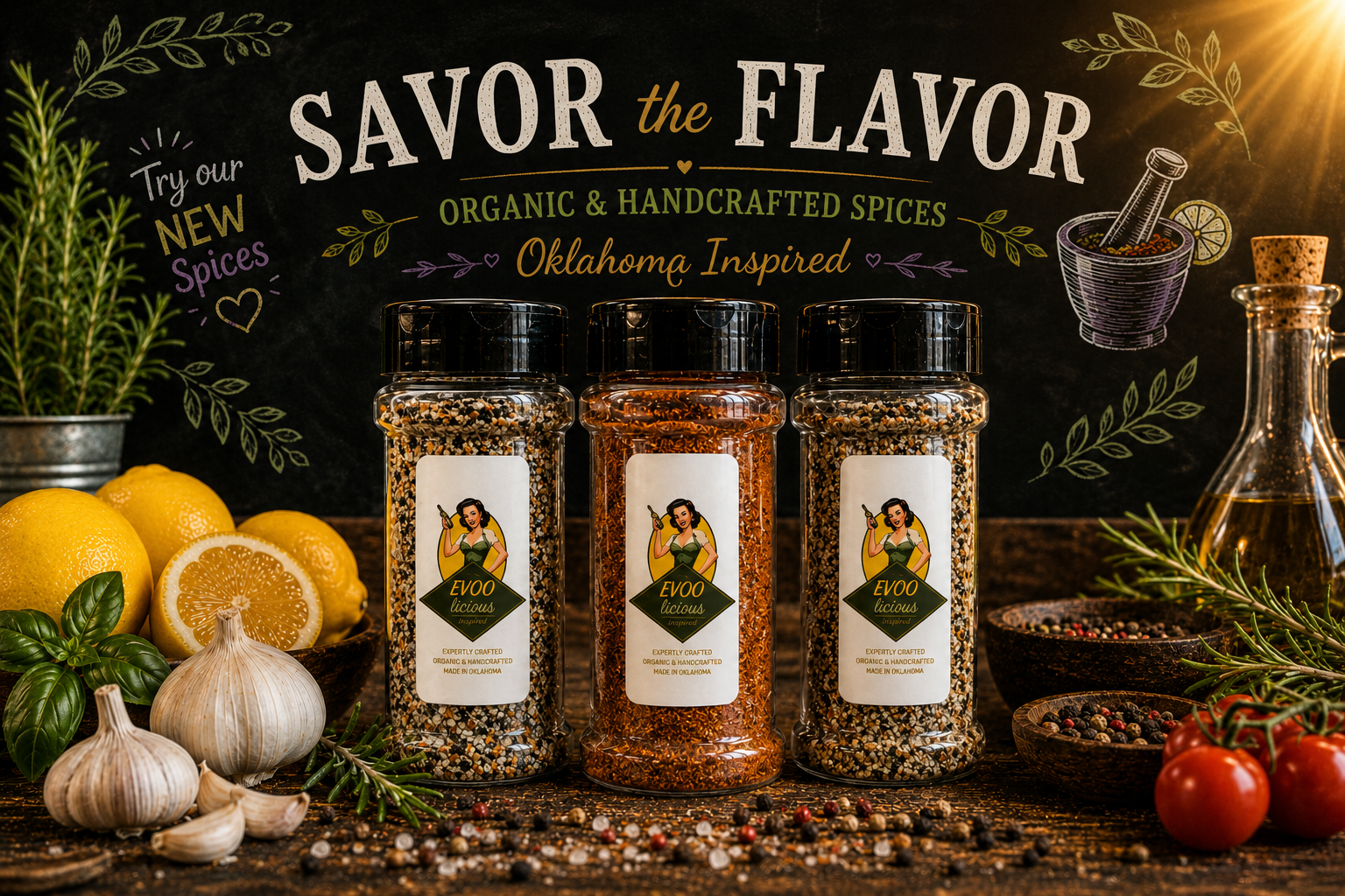 Three spice jars labeled EVOO licious with colorful spice blends, surrounded by garlic, lemons, tomatoes, basil, rosemary, and peppercorns on a wooden surface, with a chalkboard backdrop advertising organic and handcrafted spices inspired by Oklahoma.