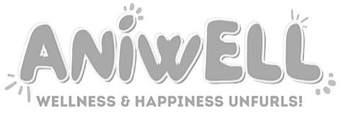 Logo with the word 'ANIWELL' in playful, bubbly font, featuring small decorative elements around it, and the tagline 'Wellness & Happiness Unfurled' underneath.