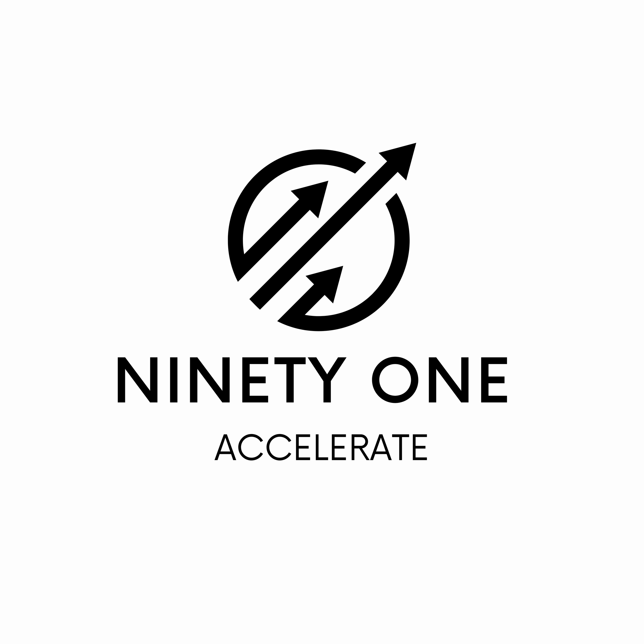 Black and white logo with three upward arrows inside a circle, the words "NINETY ONE" below, and "ACCELERATE" underneath.