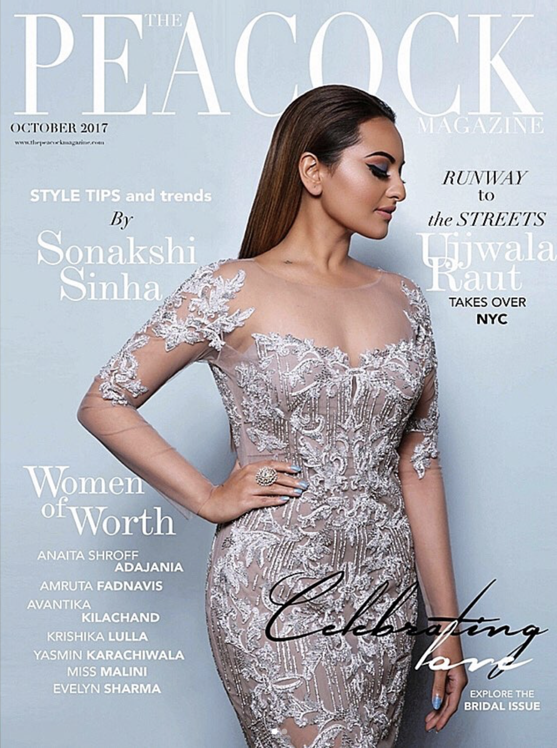 Cover of The Peacock Magazine October 2017 featuring a woman in a detailed lace dress, with text about style tips, street fashion, influential women, and bridal issues.