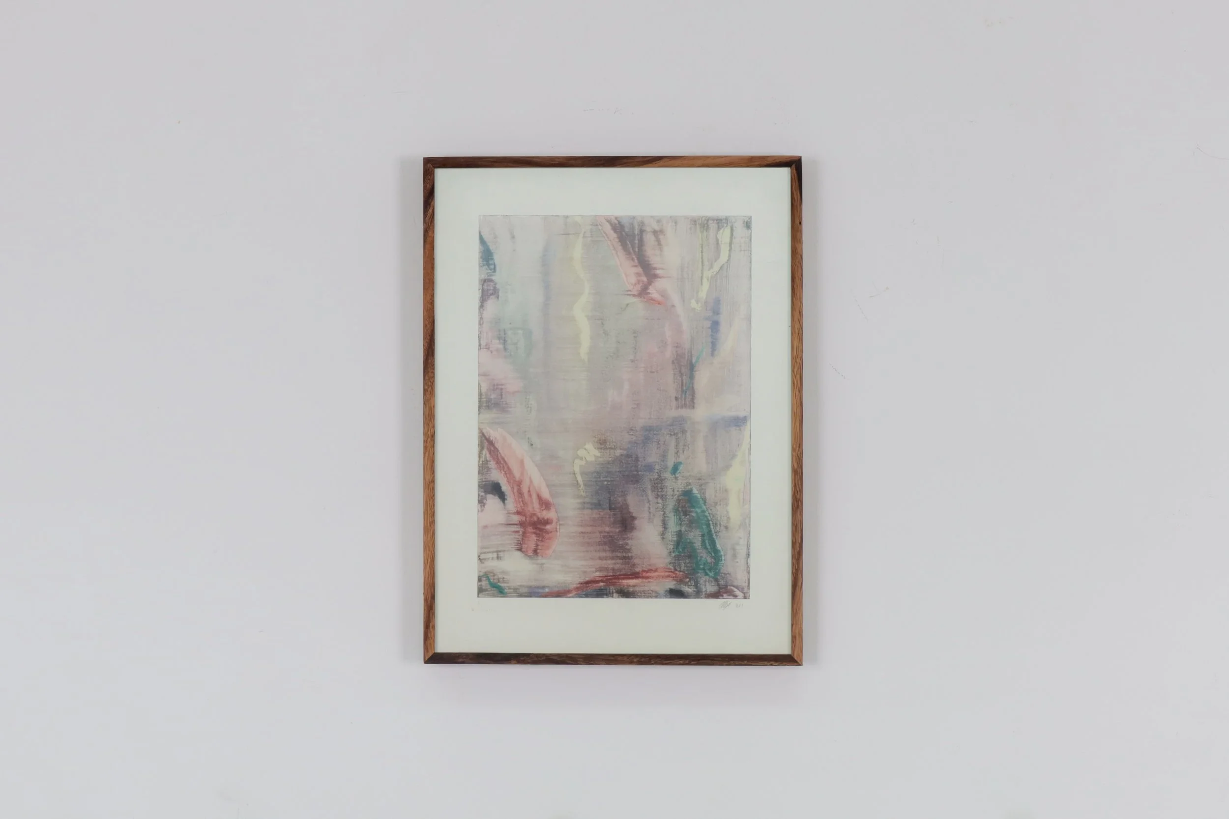 Watercolour monotype on paper titled “Hover”, 2022, by Alexia Vogel, exhibiting artist at Sun Contemporary Gallery, Bali.