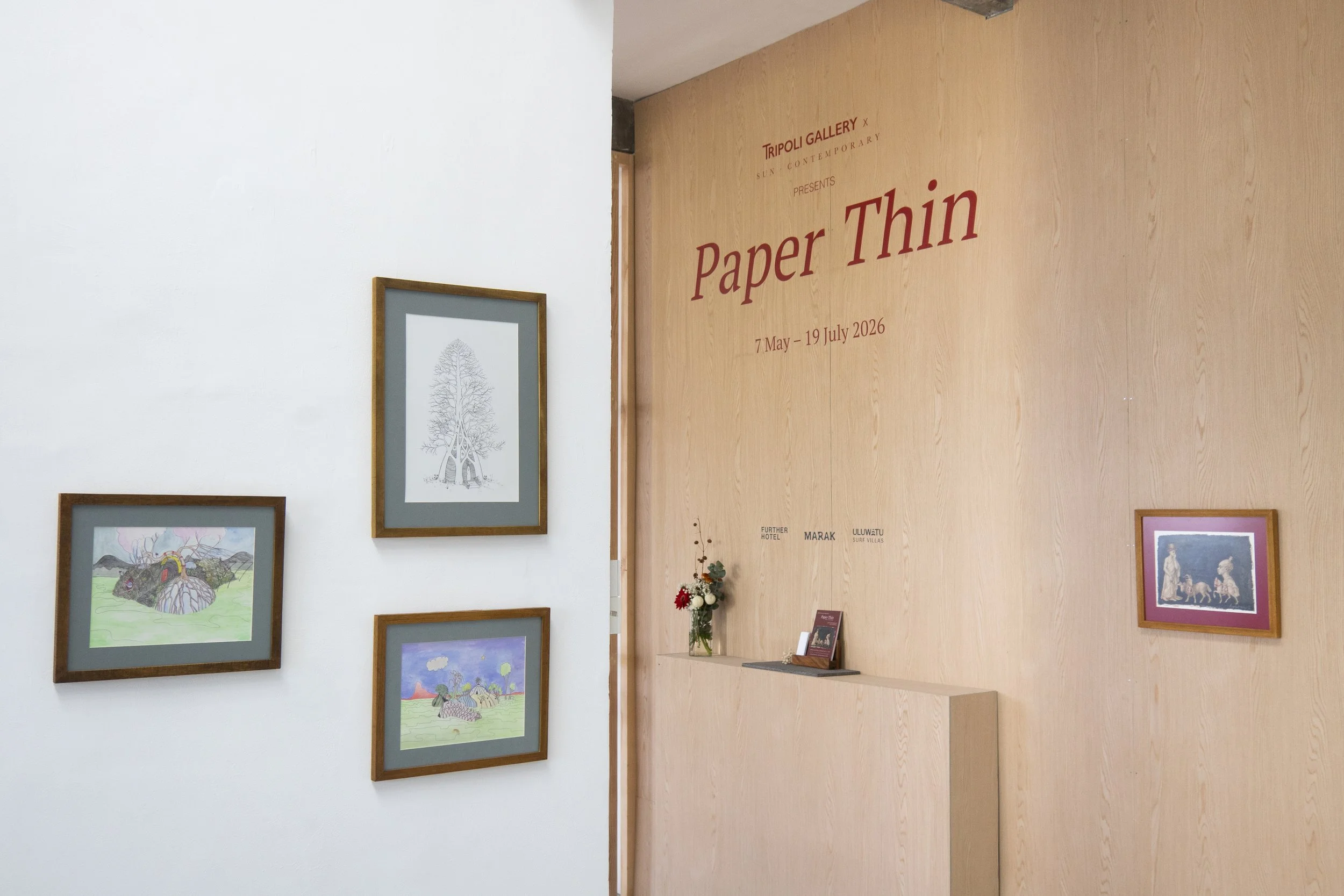 Installation view of Paper Thin at SUN.CONTEMPORARY, Pererenan, Bali in collaboration with Tripoli Gallery New York