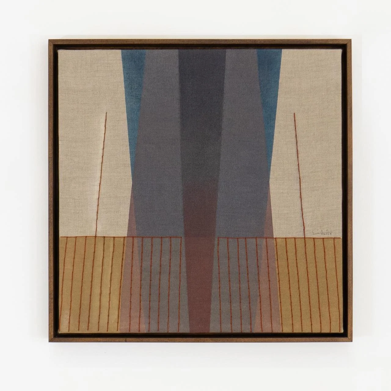 Abstract geometric painting with vertical and diagonal lines in shades of blue, gray, red, and beige, framed in wood.