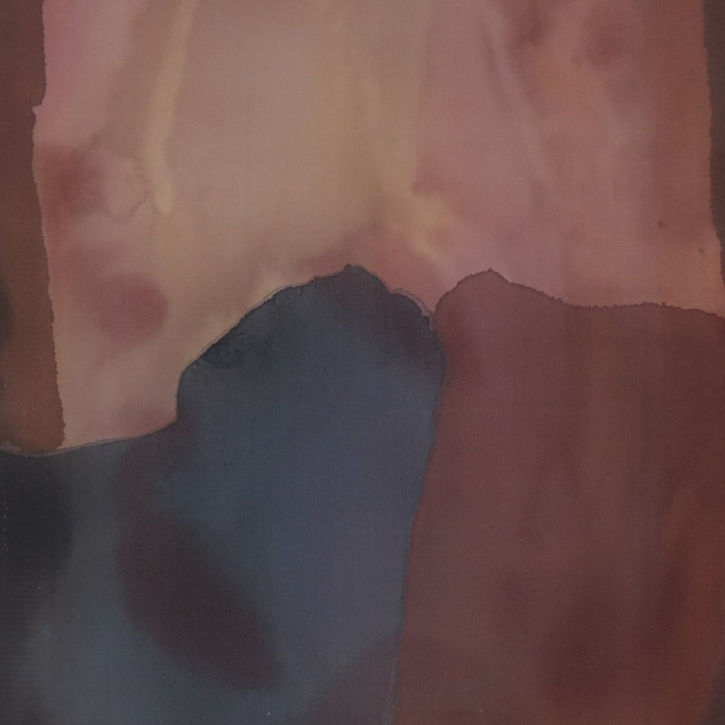 Pigment on 100% silk painting titled “Traces”, 2025, by Loralee Jade, exhibiting artist at Sun Contemporary Gallery, Bali.