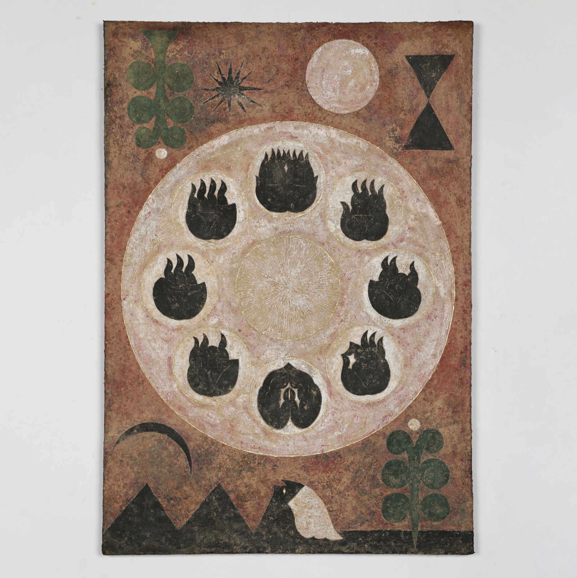 Painting with soil, pigments, watercolour, red iron oxide, and gold powder on jute and wooden panel titled “Universe”, 2024, by Syotatsu, exhibiting artist at Sun Contemporary Gallery, Bali.