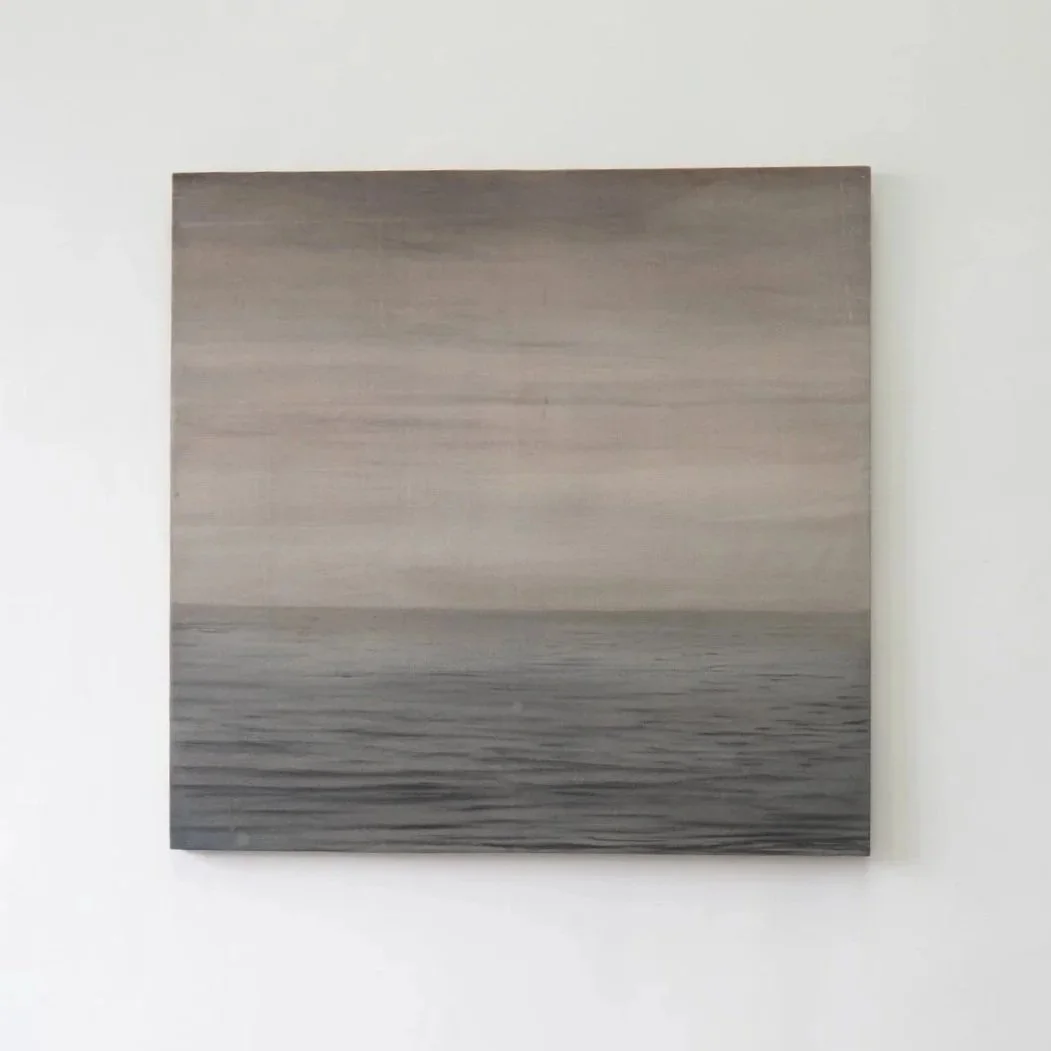 Black and white landscape painting of ocean with horizon and sky