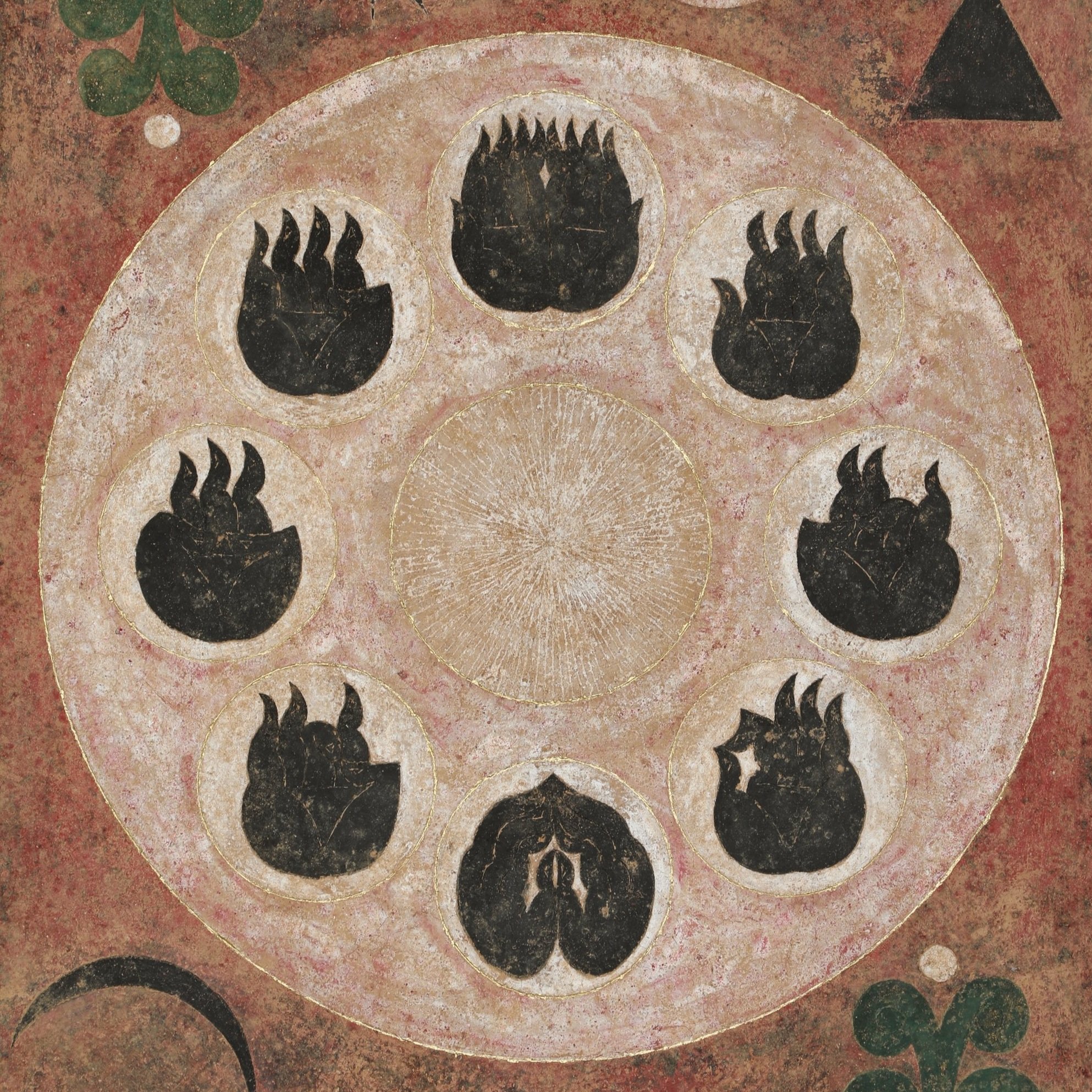 Painting with soil, pigments, watercolour, red iron oxide, and gold powder on jute and wooden panel titled “Universe”, 2024, by Syotatsu, exhibiting artist at Sun Contemporary Gallery, Bali.