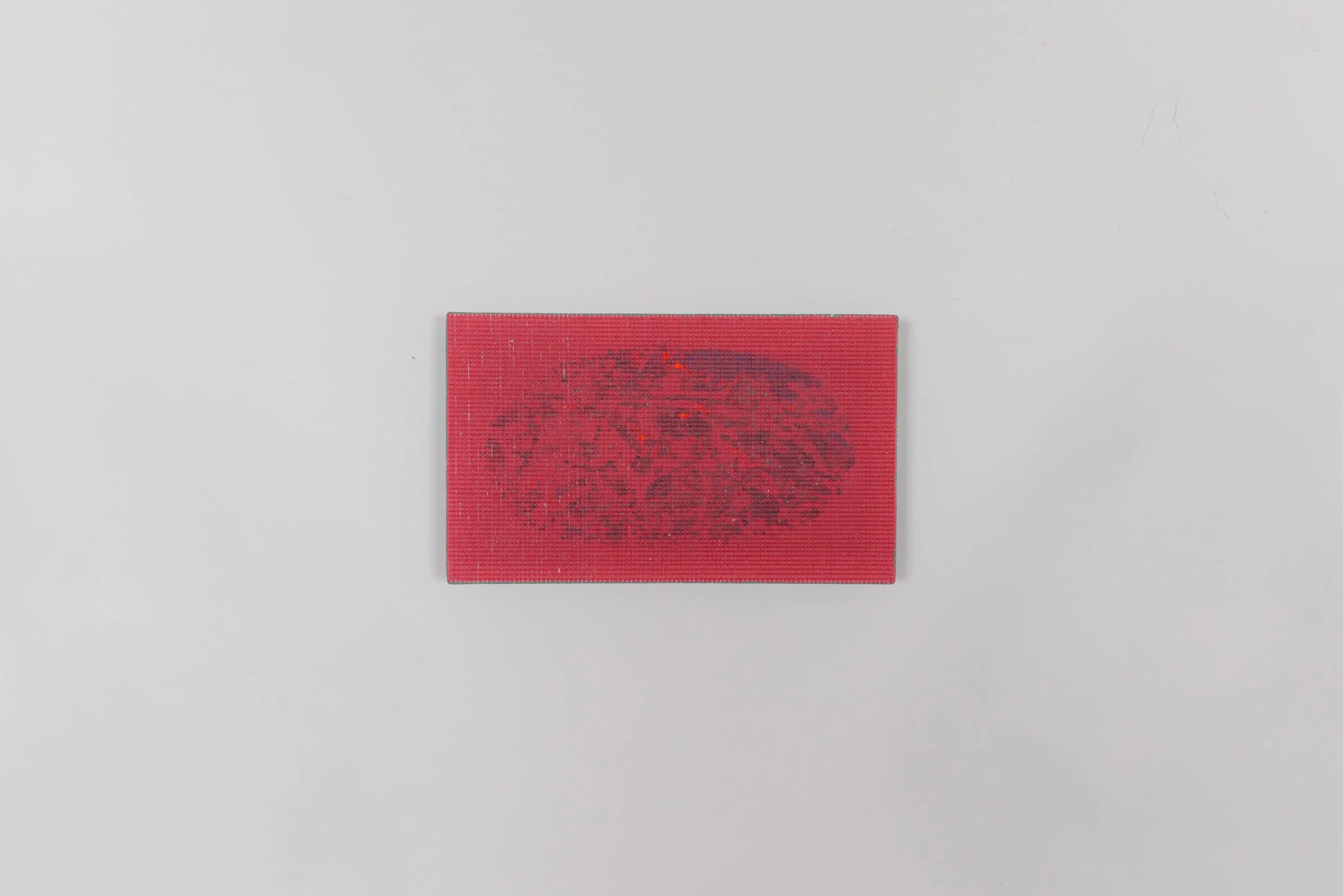 Red rectangular object with a black silhouette of a tree on a white background.