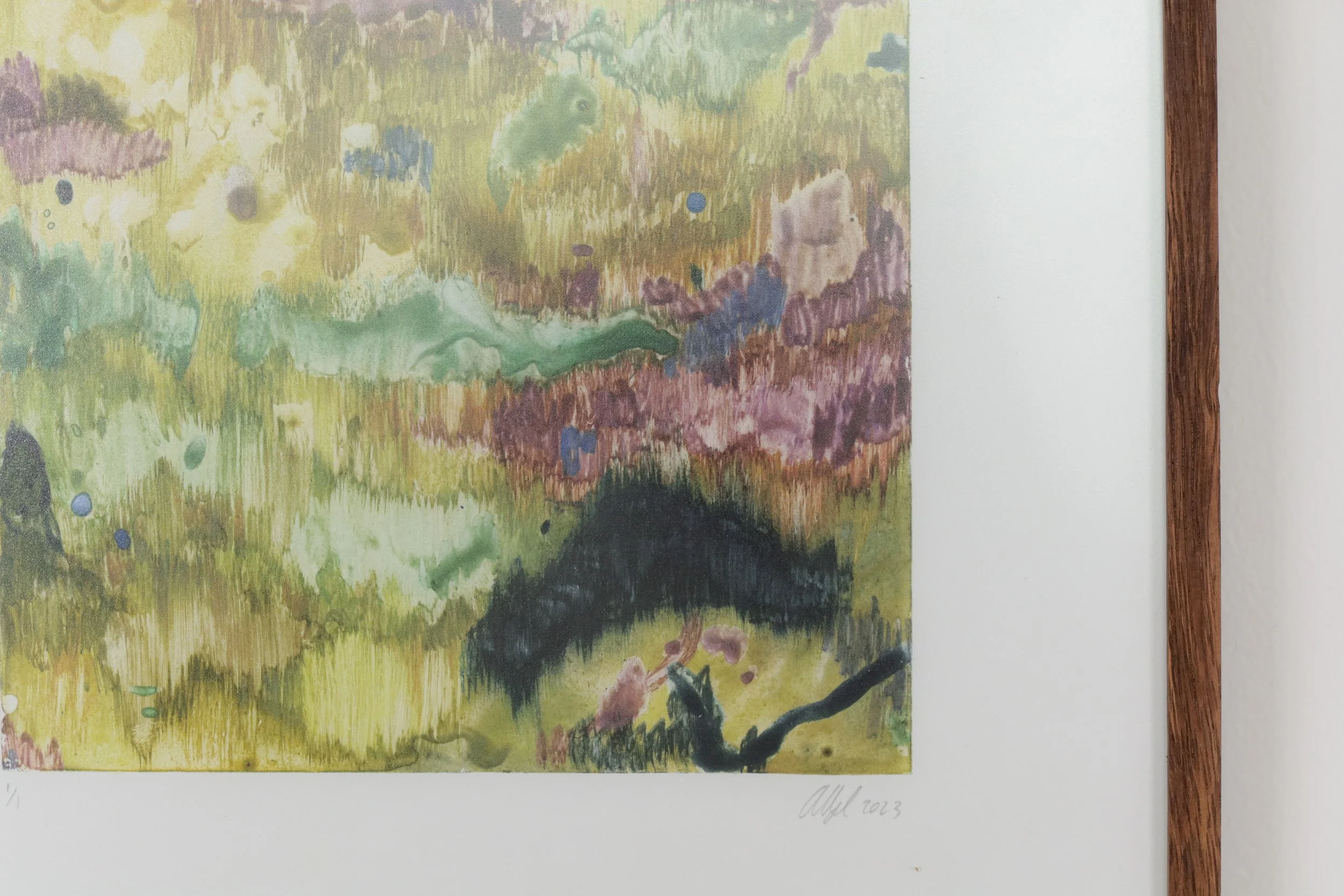 Watercolour monotype on paper titled “Garden I”, 2023, by Alexia Vogel, exhibiting artist at Sun Contemporary Gallery, Bali.