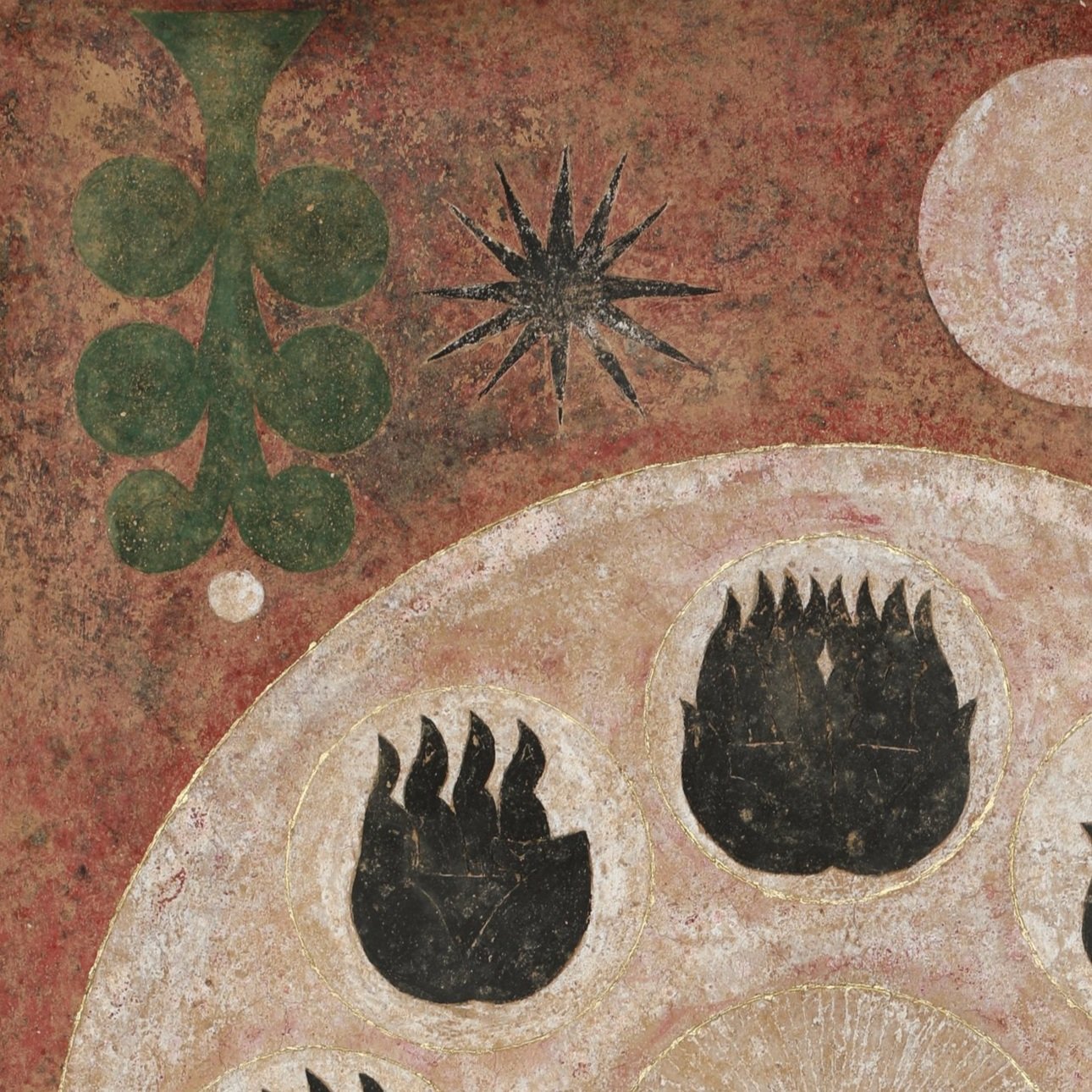 Painting with soil, pigments, watercolour, red iron oxide, and gold powder on jute and wooden panel titled “Universe”, 2024, by Syotatsu, exhibiting artist at Sun Contemporary Gallery, Bali.