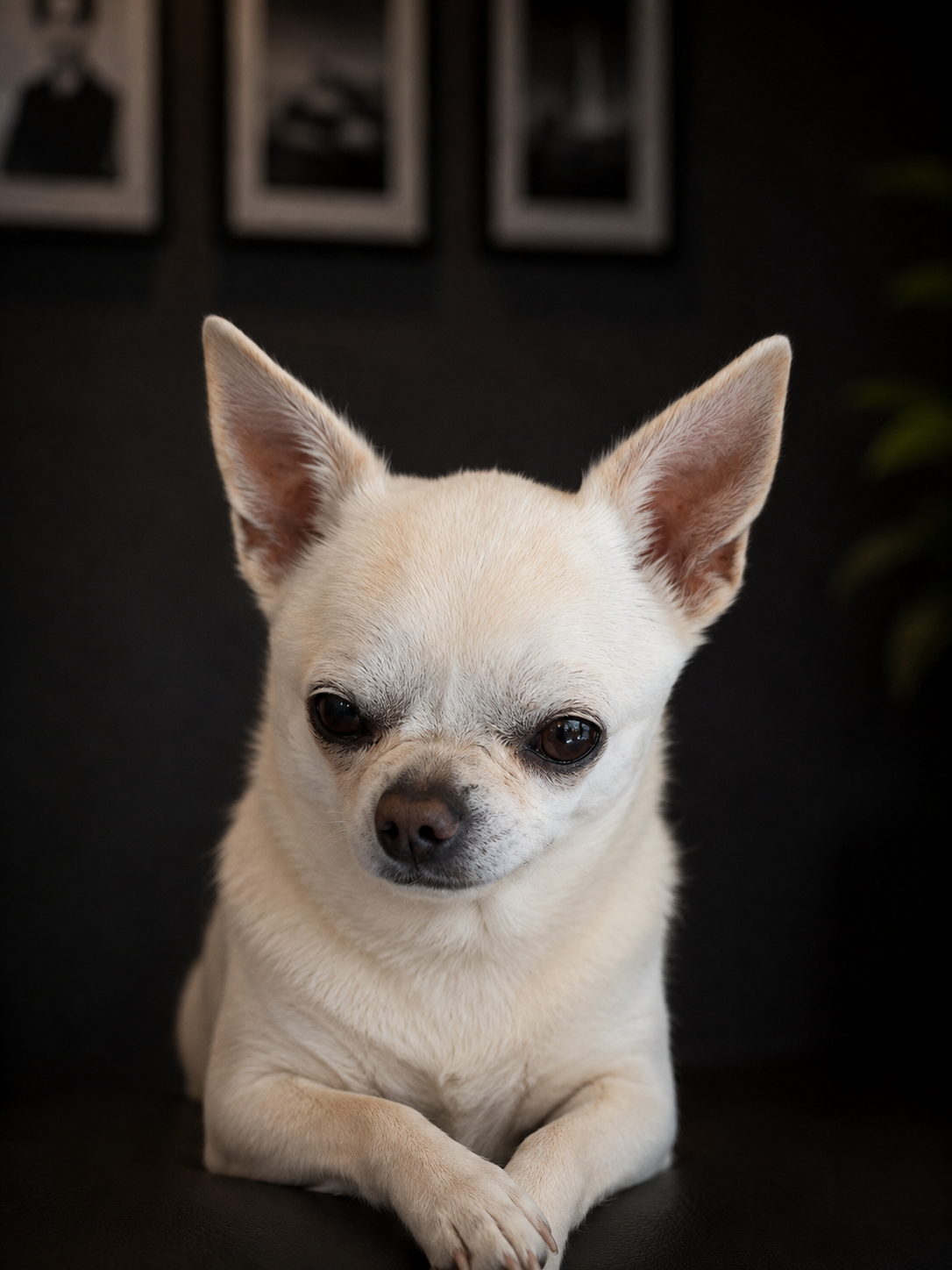 En liten vit Chihuahua hund som ligger på en svart soffa.