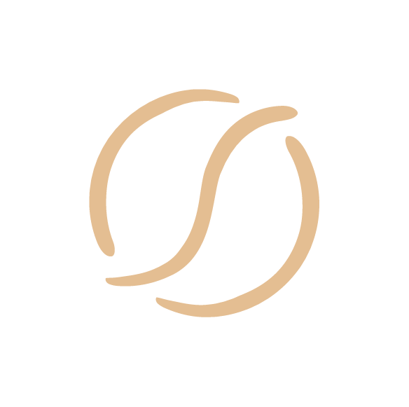 Simplistic logo with two intertwined beige lines on a black background, forming an abstract circular design.