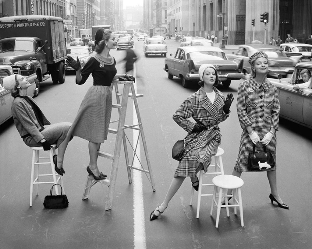 William Helburn, Stopping Traffic, Joanna McCormick, Janet Randy, Betsy Pickering and Gretchen Harris, Park Avenue South, New York, 1958, Silver gelatin photograph