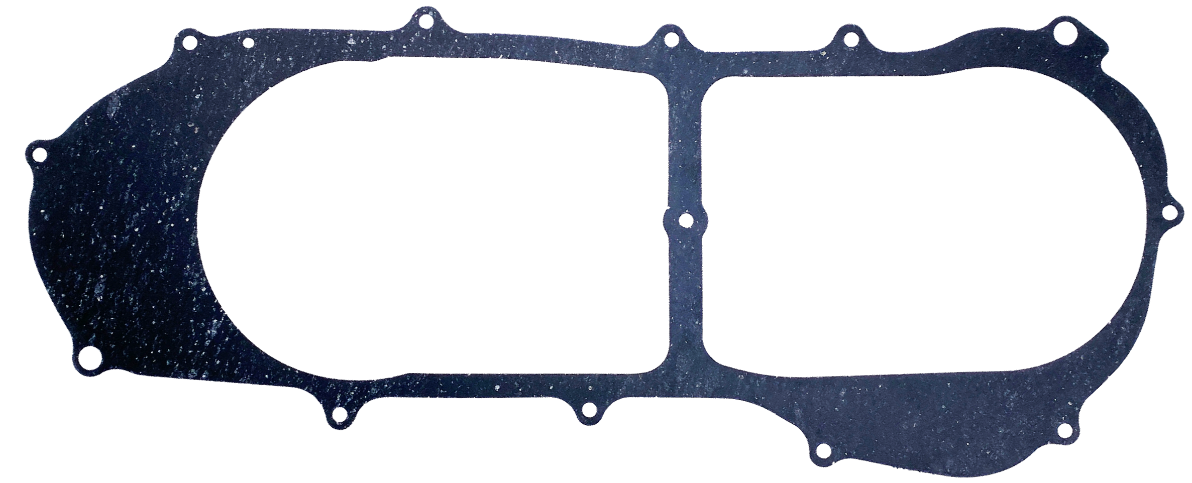 A metallic gasket with multiple holes and a textured surface, used in automotive or mechanical assemblies.