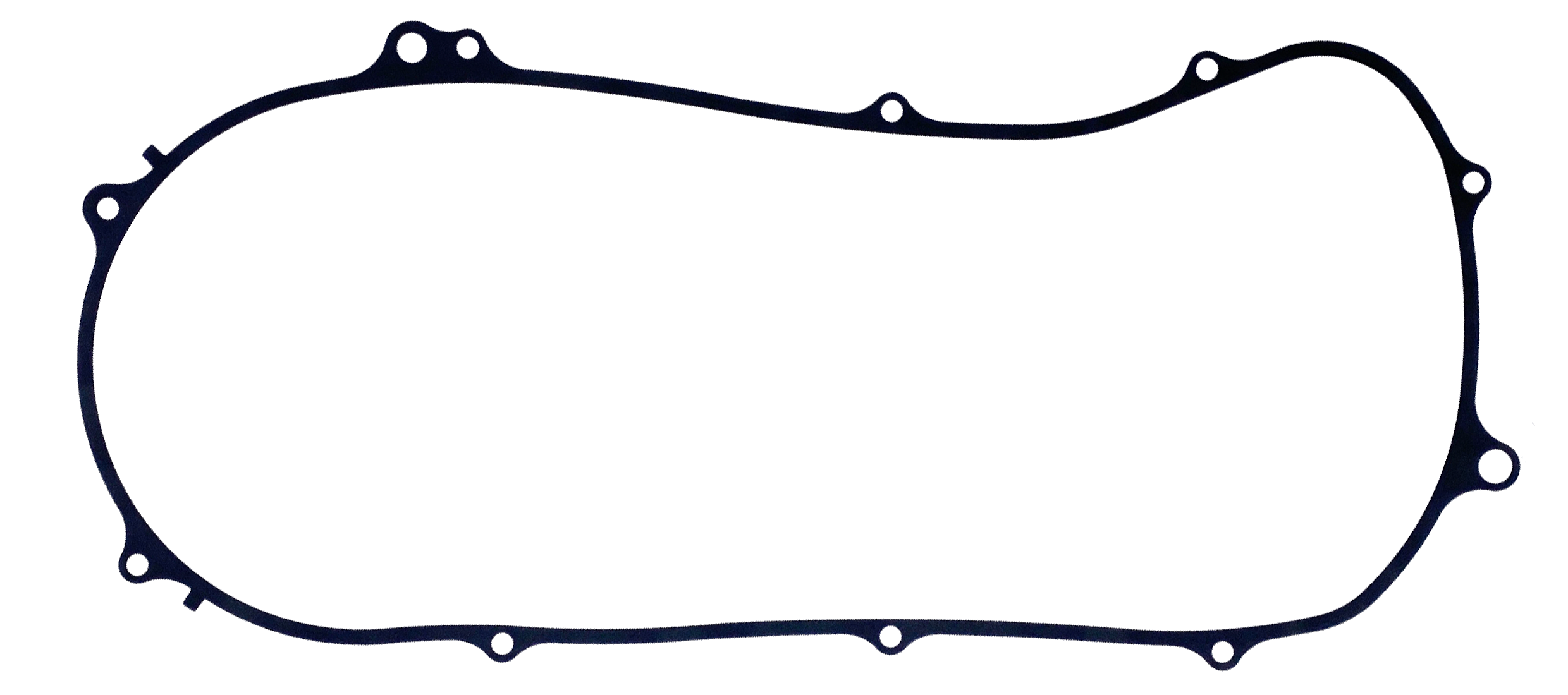 Automobile part gasket, oval shape with multiple holes around the edges, made of dark material.