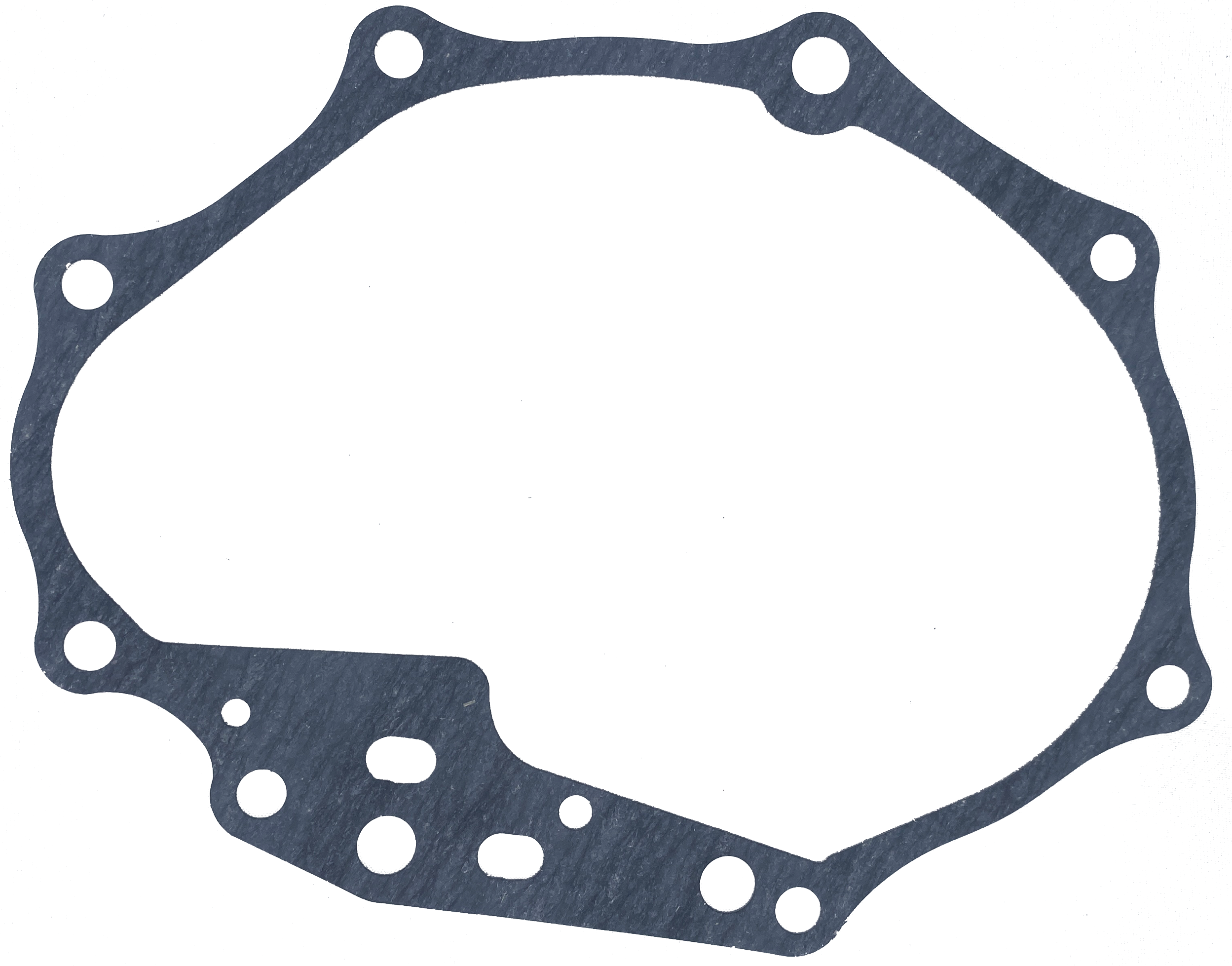 A metal gasket gasket with multiple holes around its perimeter, likely used in an engine or machinery assembly.