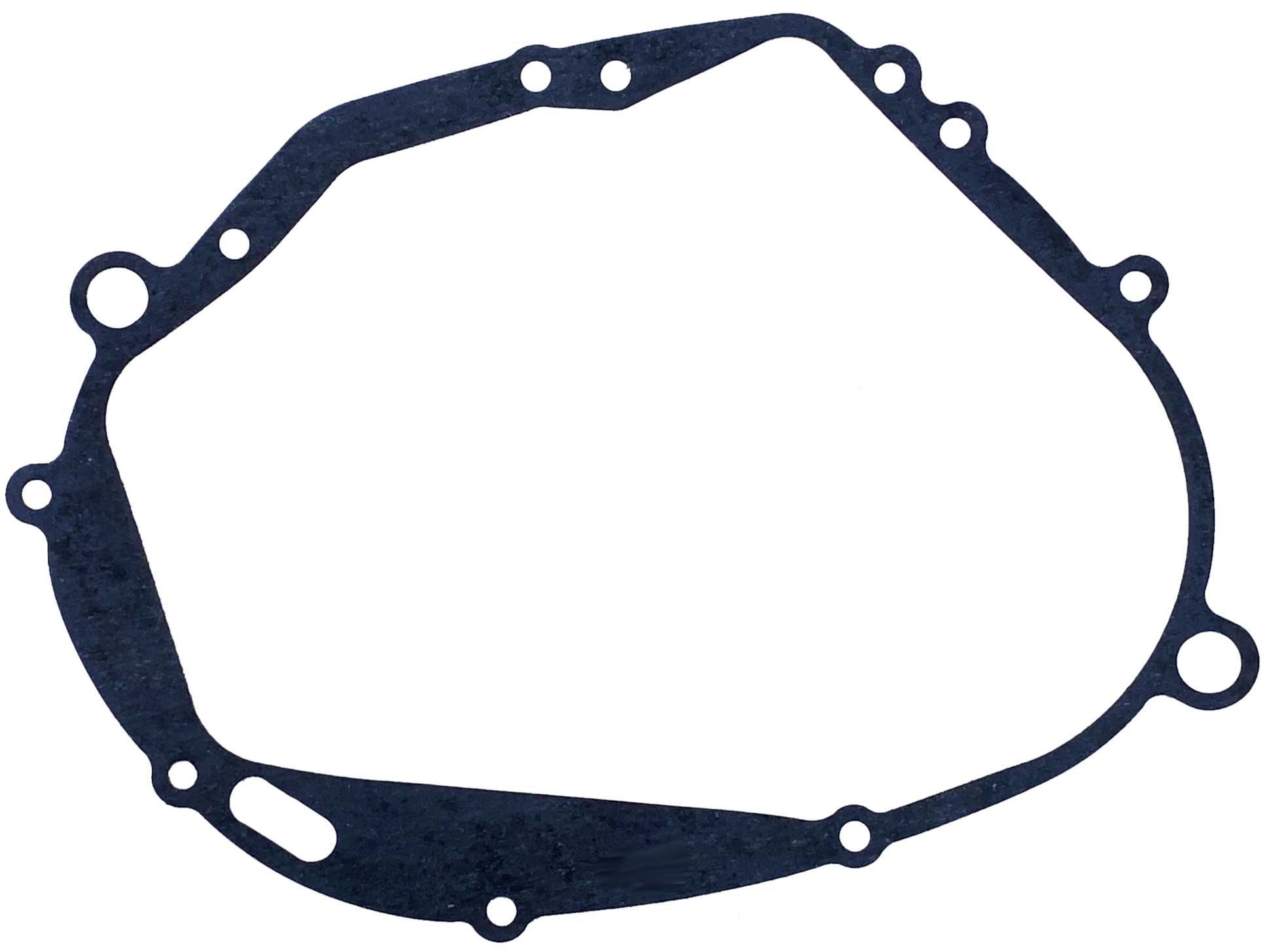 A gasket with multiple bolt holes, placed against a vibrantly rainbow-colored background.