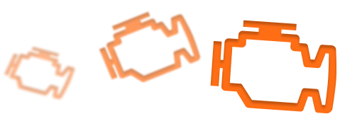 Trei reprezentari de culoare portocalie a simbolului "Check Engine".