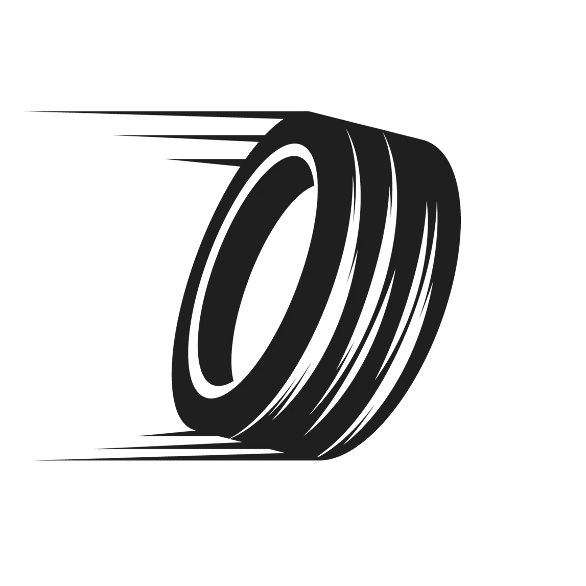 Anvelopă neagră cu linii de mișcare care indică viteza, privită dintr-un unghi.