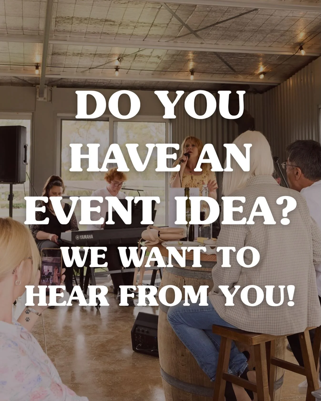 Hey, creative people of the Macedon Ranges!

Do have an event you&rsquo;d like to run? If you have an idea and need the perfect venue, reach out to us. Our venue is available by appointment - just ask us.
 
Whether it&rsquo;s trivia, live music, art 