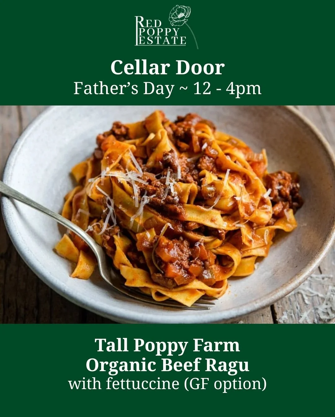 Haven&rsquo;t booked Father&rsquo;s Day lunch yet? Bring Dad to our Cellar Door for lunch and wine tasting!

Our lunch special is a delicious @tallpoppyfarm Organic Beef Ragu with fettuccine (GF option).

And we will also have lamb feeding at 1pm for