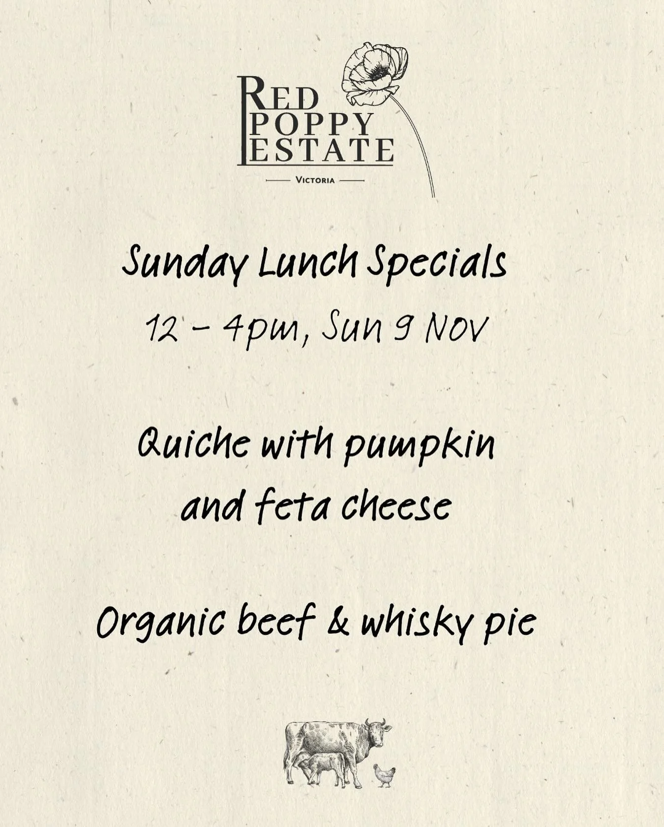 The weather might be chilly this weekend, but our Cellar Door is open on Sunday from 12 - 4pm - and our newly enclosed patio will keep you warm and cosy!

Come and enjoy our delicious specials:

- Quiche with pumpkin and feta
- Organic beef &amp; whi