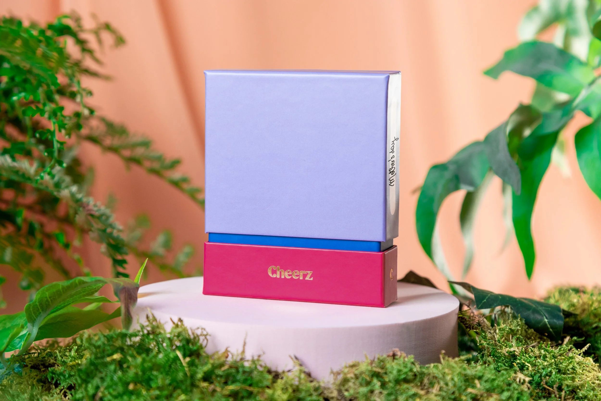 Deux boîtes colorées empilées, une violette et une rose, sur une plateforme ronde entourée de plantes vertes, avec un fond rose.