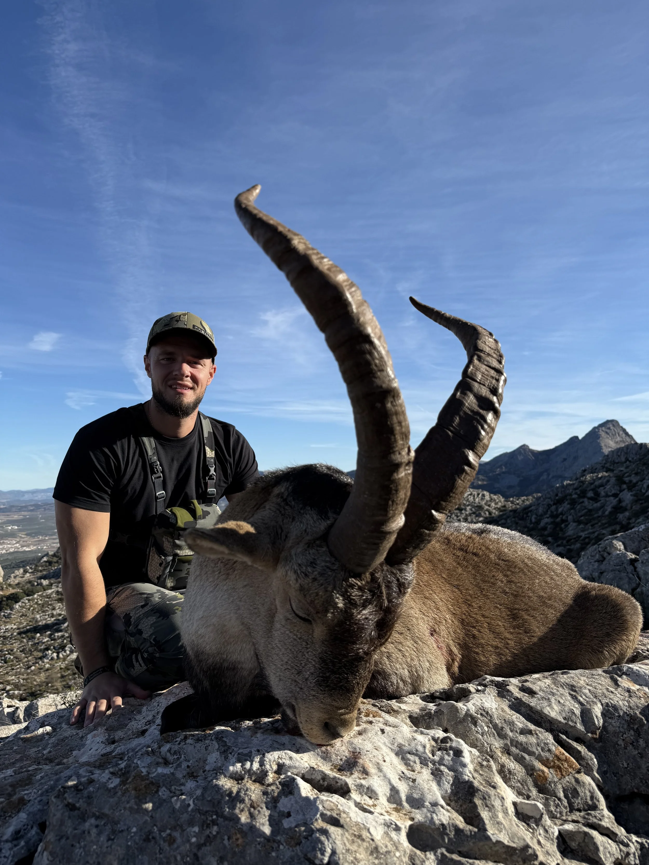 A man kneels next to a mountain goat with large curved horns, lying on rocky terrain in a mountainous landscape under a blue sky.