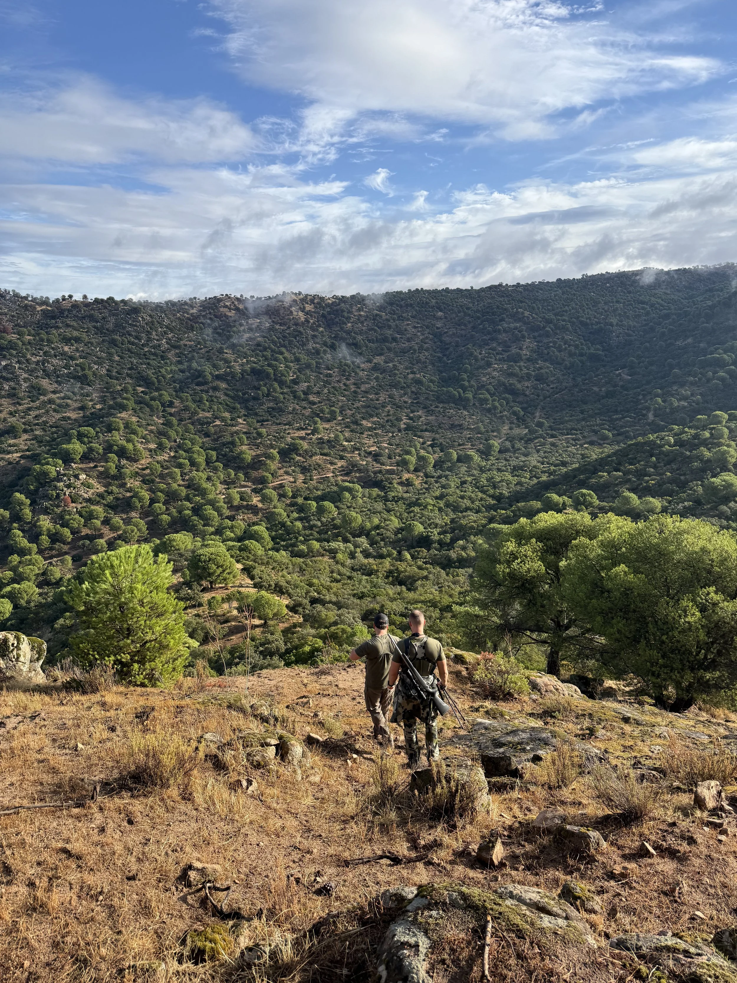 Two soldiers with rifles walking on a rocky trail in a hilly, forested landscape with green trees and blue sky with clouds.
