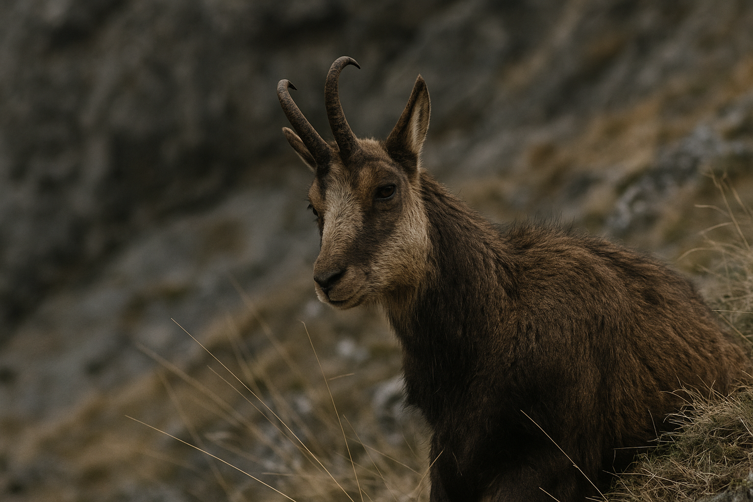 A close-up of a goat with dark and light brown fur, large curved horns, and a black stripe across its face, standing outdoors with low green hills in the background.