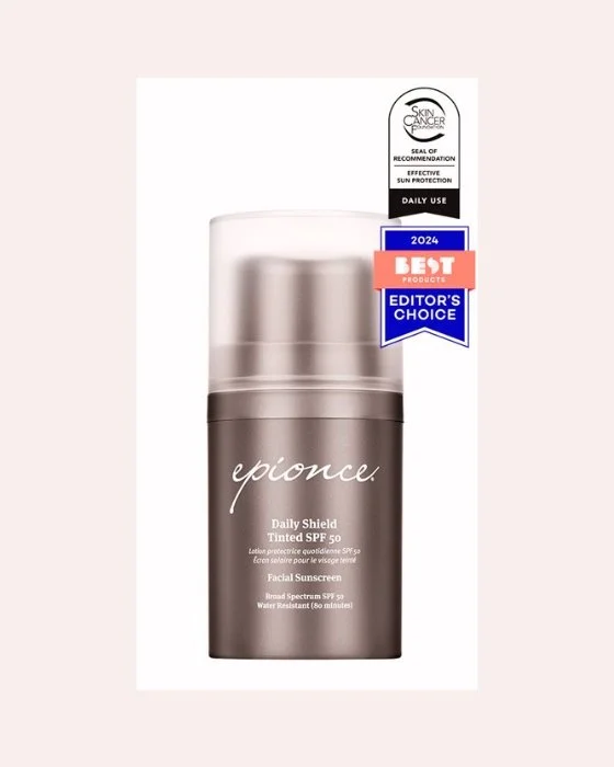 Epionce Daily Shield Tinted SPF 50 sunscreen with 2024 Editor's Choice and Skin Cancer Foundation seal.
